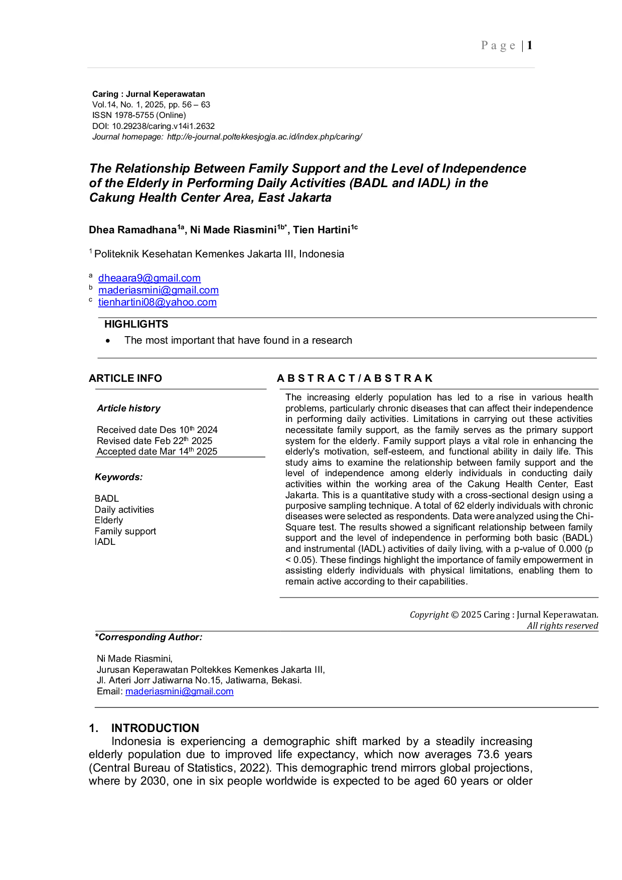 JURIS The Relationship Between Family Support and the Level of Independence of the Elderly in Performing Daily Activities BADL and IADL in the Cakung Health Center Area East Jakarta