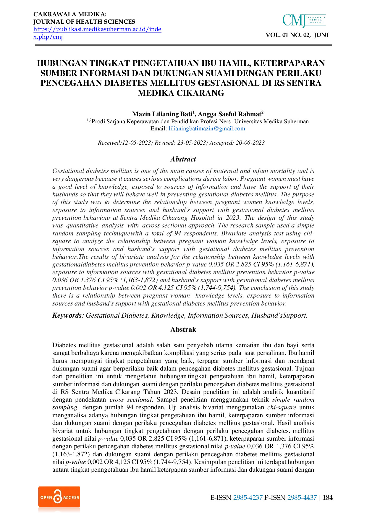 JURIS Hubungan Tingkat Pengetahuan Ibu Hamil Keterpaparan Sumber Informasi Dan Dukungan Suami Dengan Perilaku Pencegahan Diabetes Mellitus Gestasional Di Rs Sentra Medika Cikarang