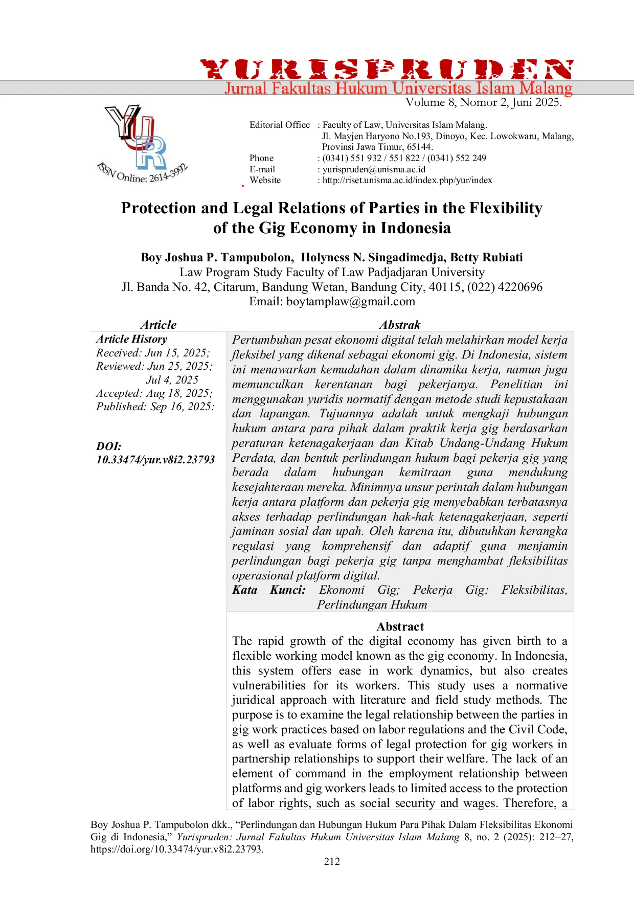 JURIS Protection and Legal Relations of Parties in the Flexibility of the Gig Economy in Indonesia