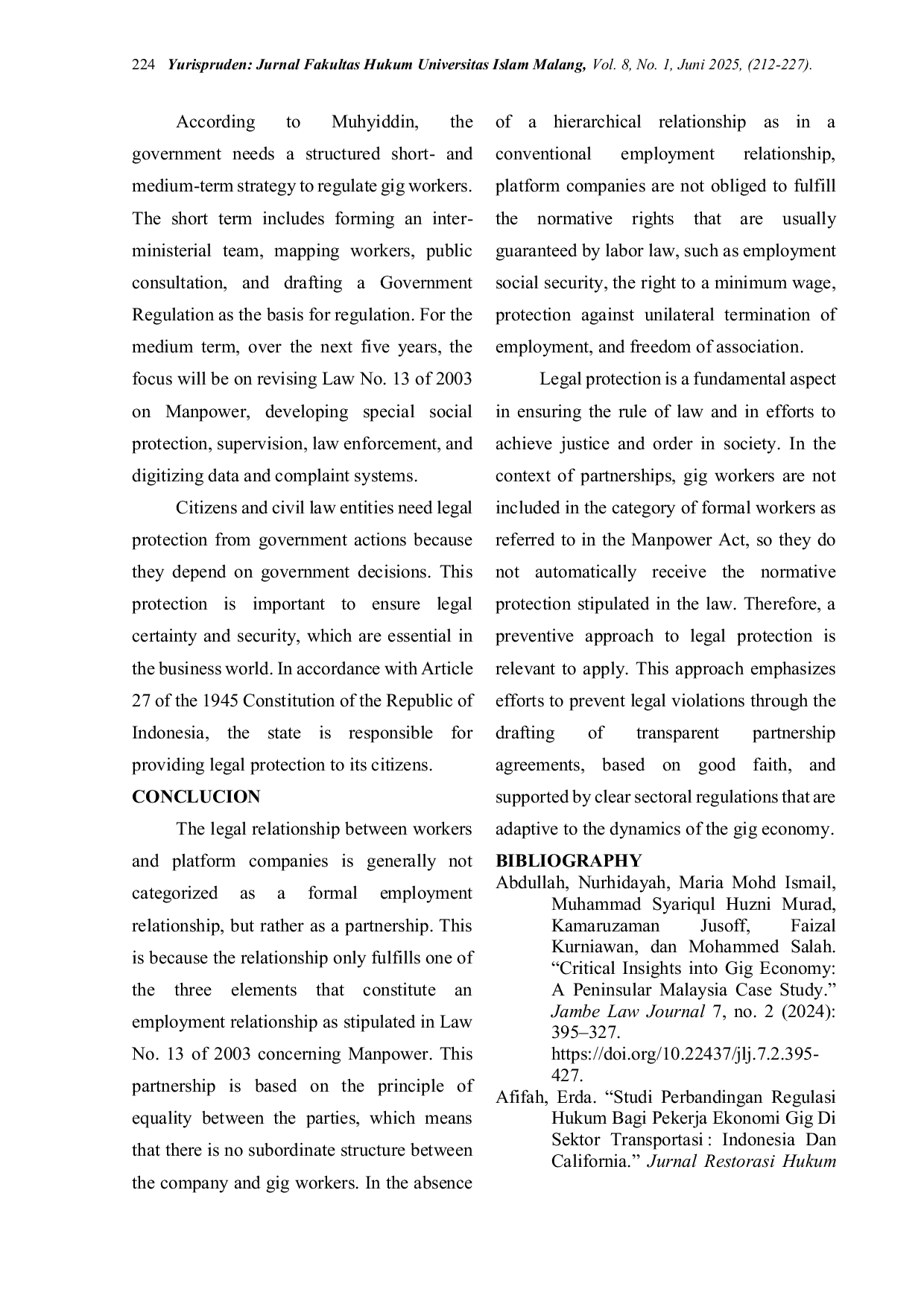 JURIS Protection and Legal Relations of Parties in the Flexibility of the Gig Economy in Indonesia