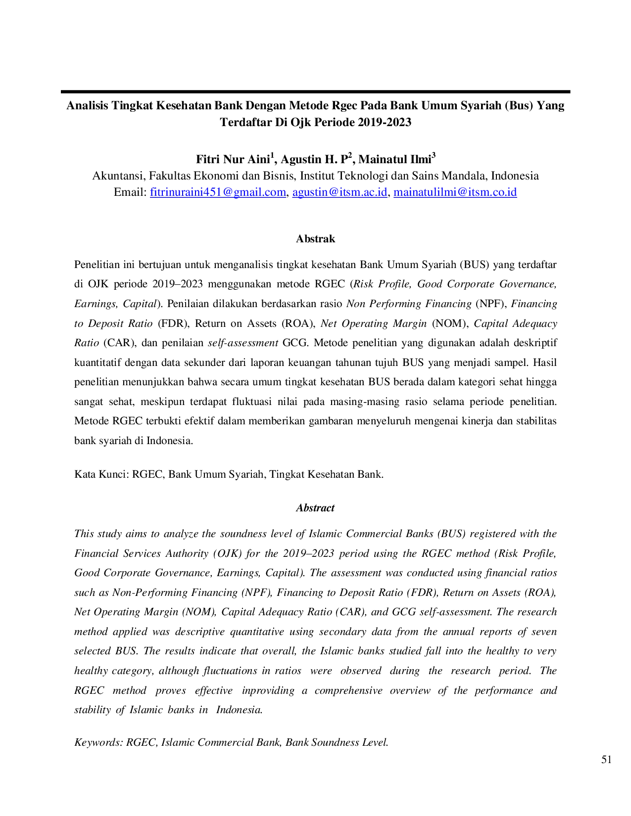 JURIS Analisis Tingkat Kesehatan Bank Dengan Metode Rgec Pada Bank Umum Syariah Bus Yang Terdaftar Di Ojk Periode 2019 2023