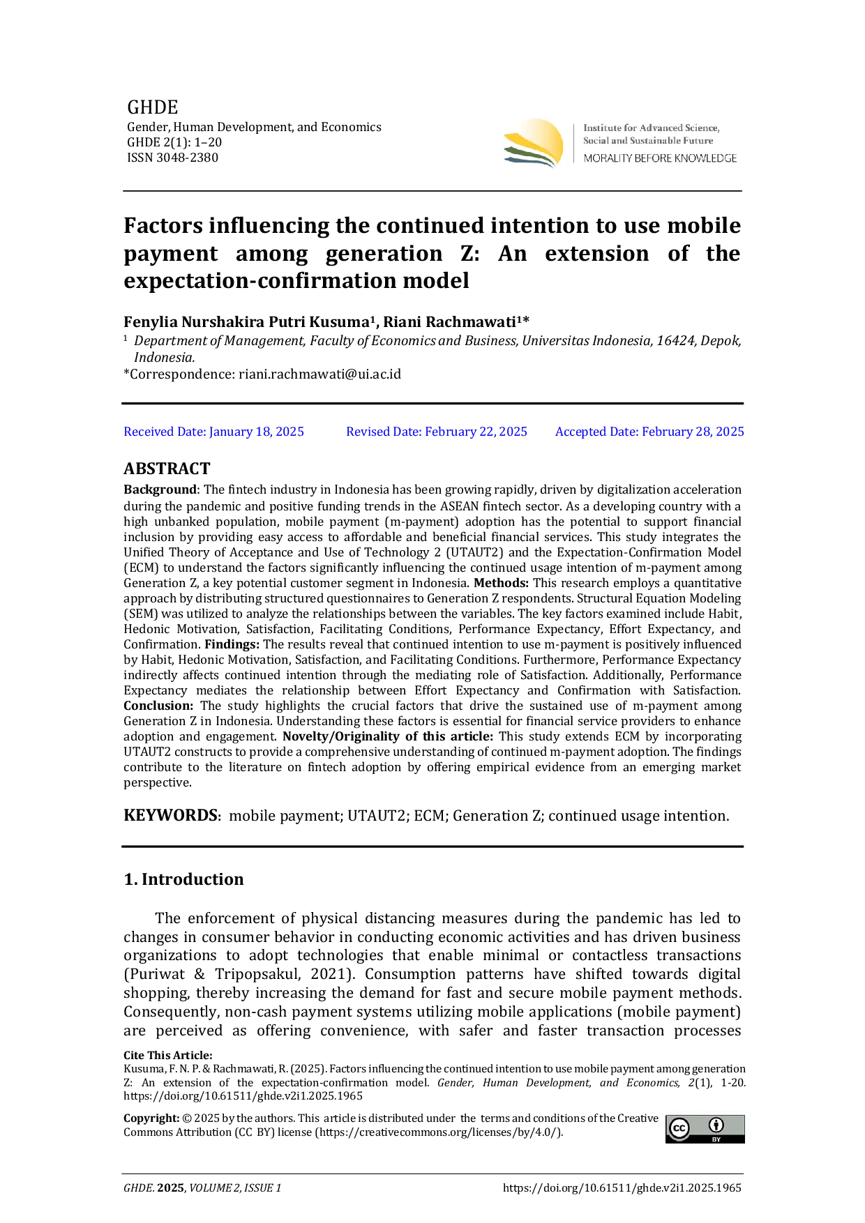 JURIS Factors influencing the continued intention to use mobile payment among generation Z An extension of the expectation confirmation model