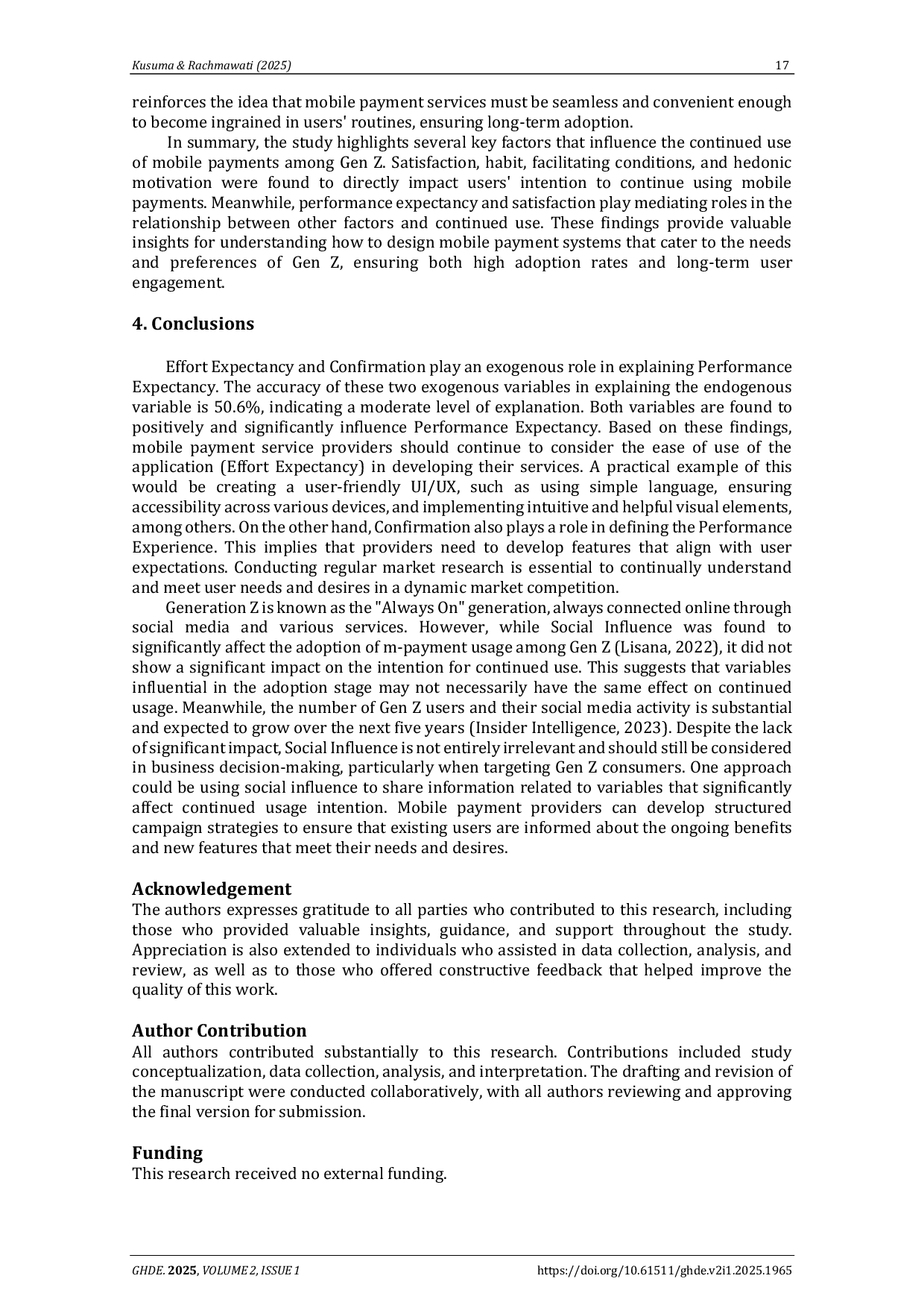 JURIS Factors influencing the continued intention to use mobile payment among generation Z An extension of the expectation confirmation model