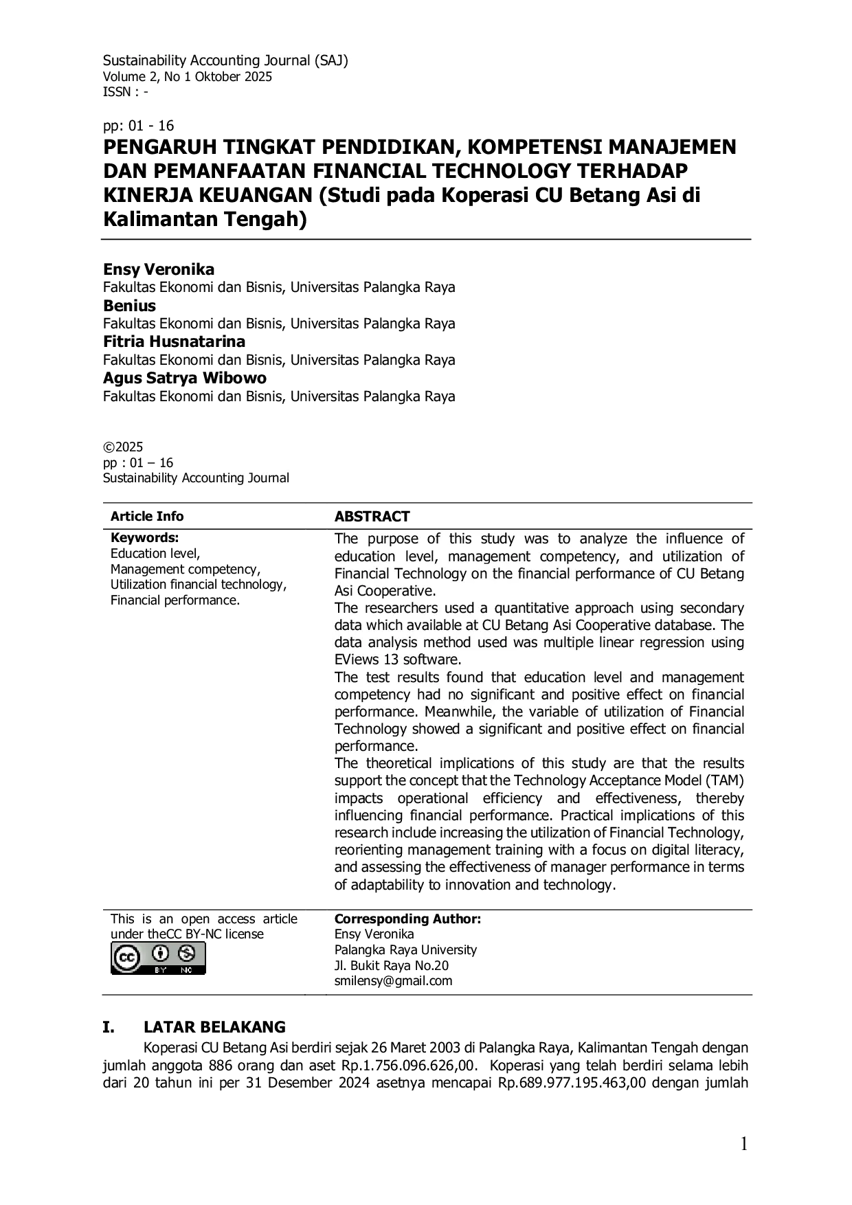 JURIS Pengaruh Tingkat Pendidikan Kompetensi Manajemen Dan Pemanfaatan Financial Technology Terhadap Kinerja Keuangan Studi Pada Koperasi Cu Betang Asi Di Kalimantan Tengah