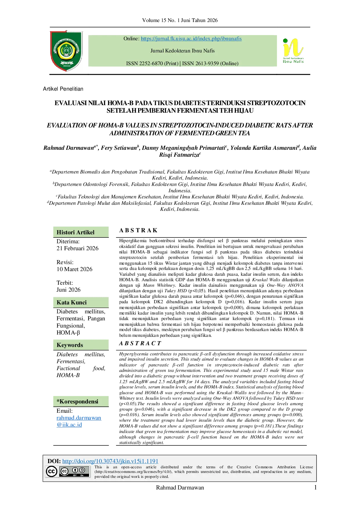 JURIS Evaluasi Nilai HOMA Pada Tikus Diabetes Terinduksi Streptozotocin Setelah Pemberian Fermentasi Teh Hijau