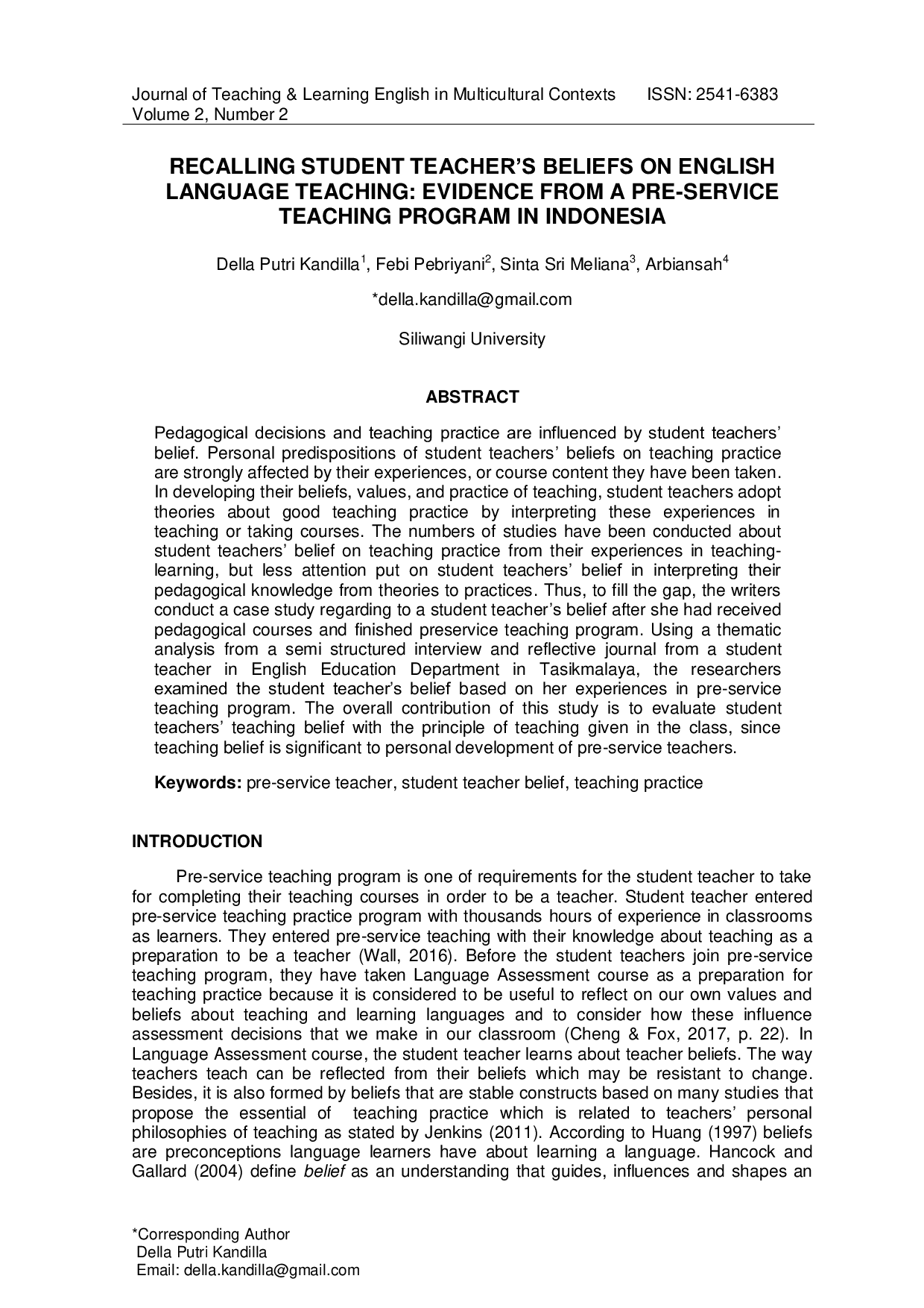 JURIS Recalling Student Teacher s Beliefs on English Language Teaching Evidence From a Pre Service Teaching Program in Indonesia