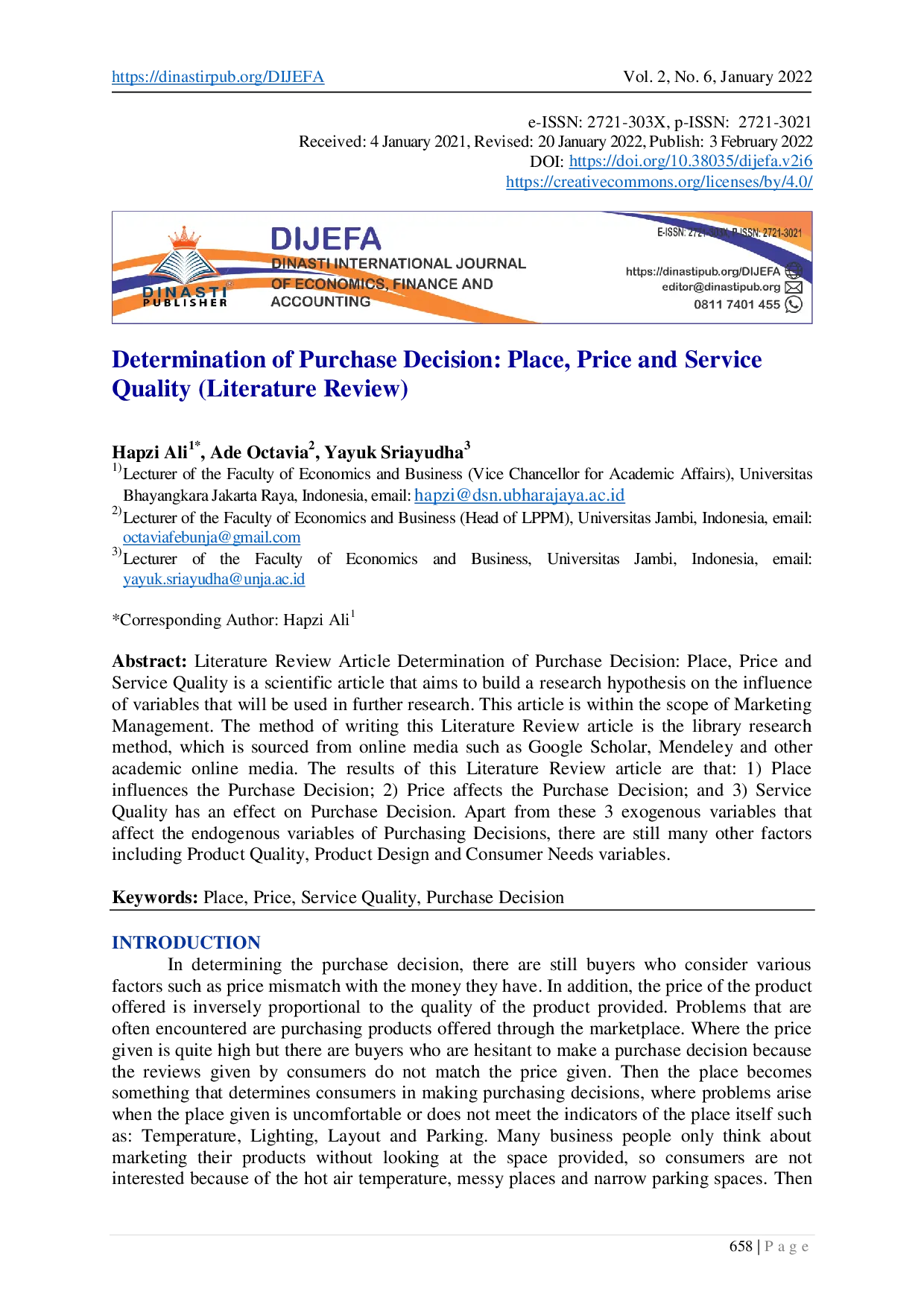 juris Determination of Purchase Decision Place Price and Quality of Service Literature Review