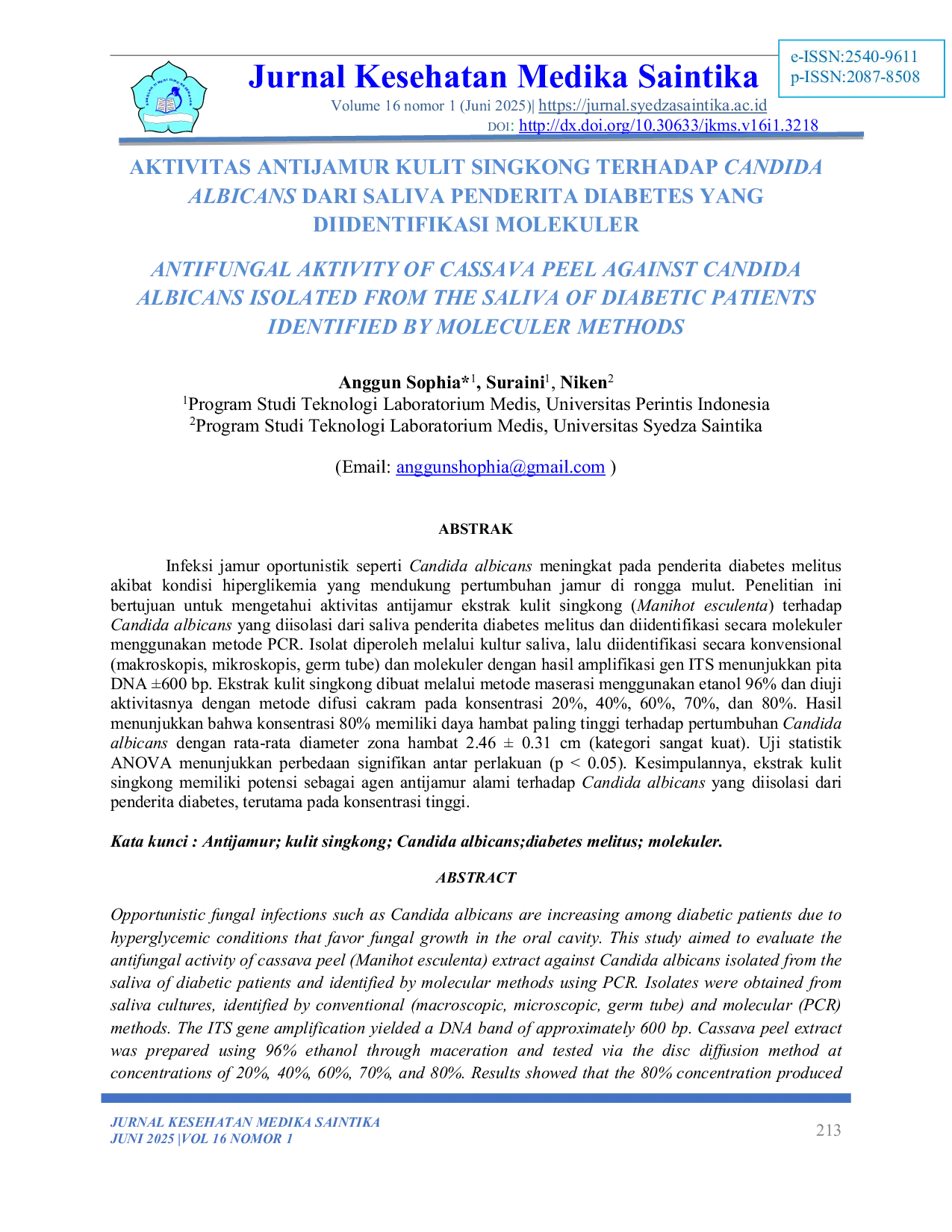 JURIS Aktivitas Antijamur Kulit Singkong terhadap Candida albicans dari Saliva Penderita Diabetes yang Diidentifikasi Molekuler