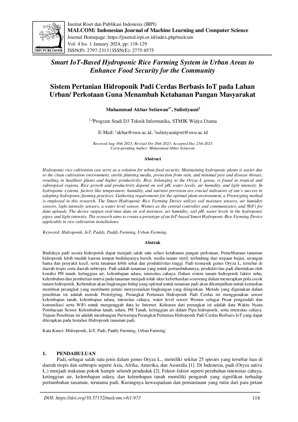 juris Sistem Pertanian Hidroponik Padi Cerdas Berbasis Internet of Things pada Lahan Perkotaan Guna Menambah Ketahanan Pangan Masyarakat