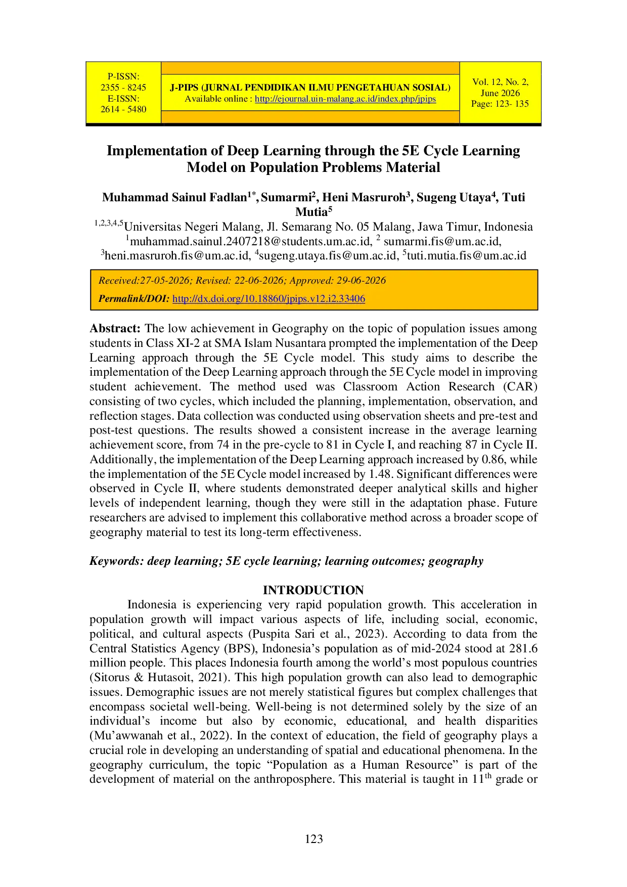 JURIS Implementation of Deep Learning through the 5E Cycle Learning Model on Population Problems Material