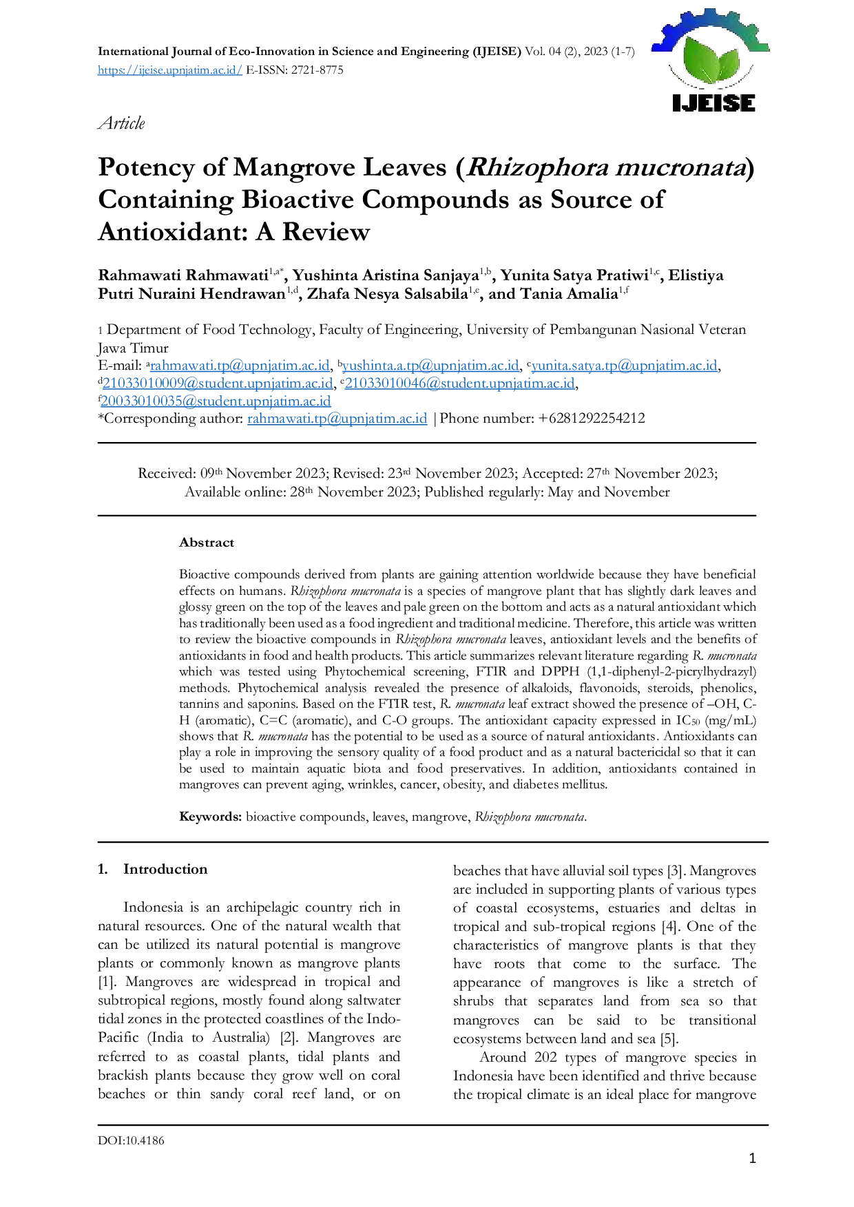 JURIS Potency of Mangrove Leaves Rhizophora mucronata Containing Bioactive Compounds as Source of Antioxidant A Review