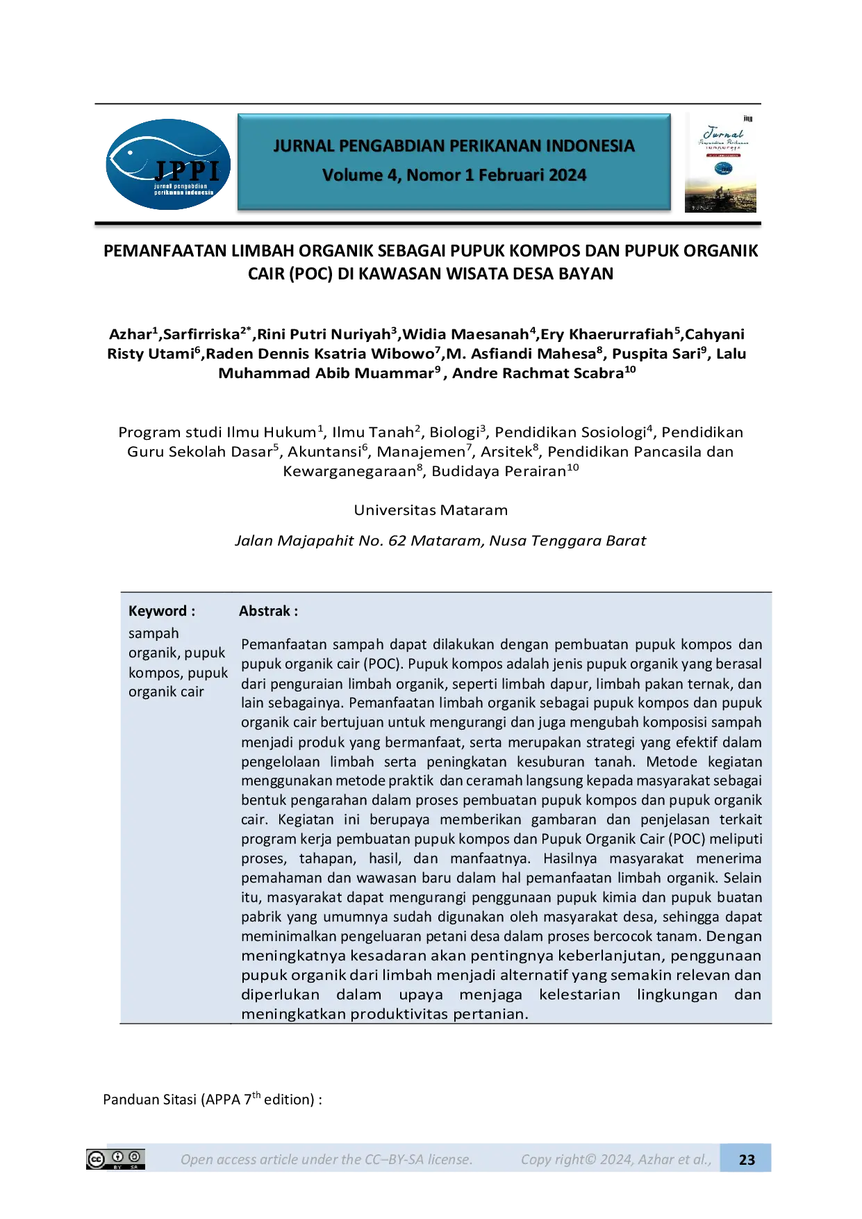 JURIS Pemanfaatan Limbah Organik Sebagai Pupuk Kompos Dan Pupuk Organik Cair POC Di Kawasan Wisata Desa Bayan