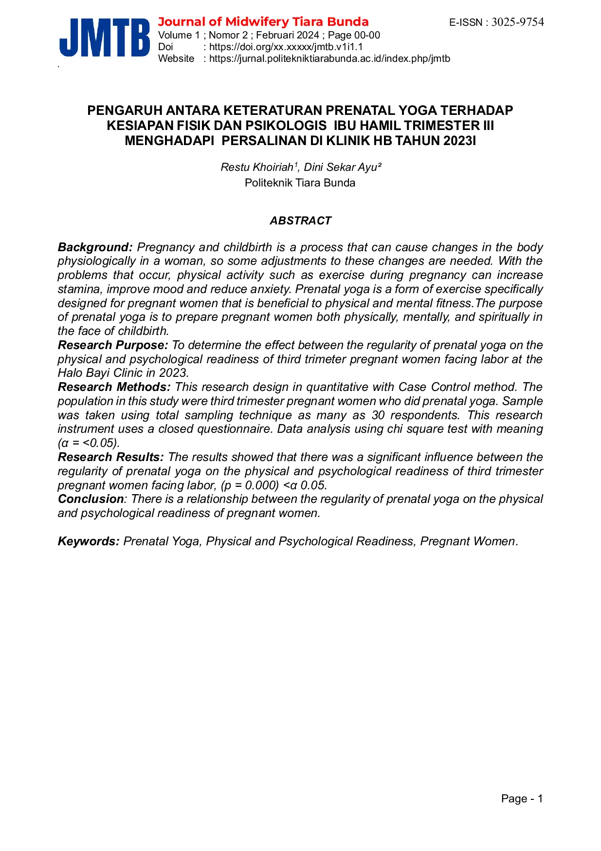 JURIS Pengaruh Antara Keteraturan Prenatal Yoga Terhadap Kesiapan Fisik Dan Psikologis Ibu Hamil Trimester III Menghadapi Persalinan Di Klinik Hb Tahun 2023