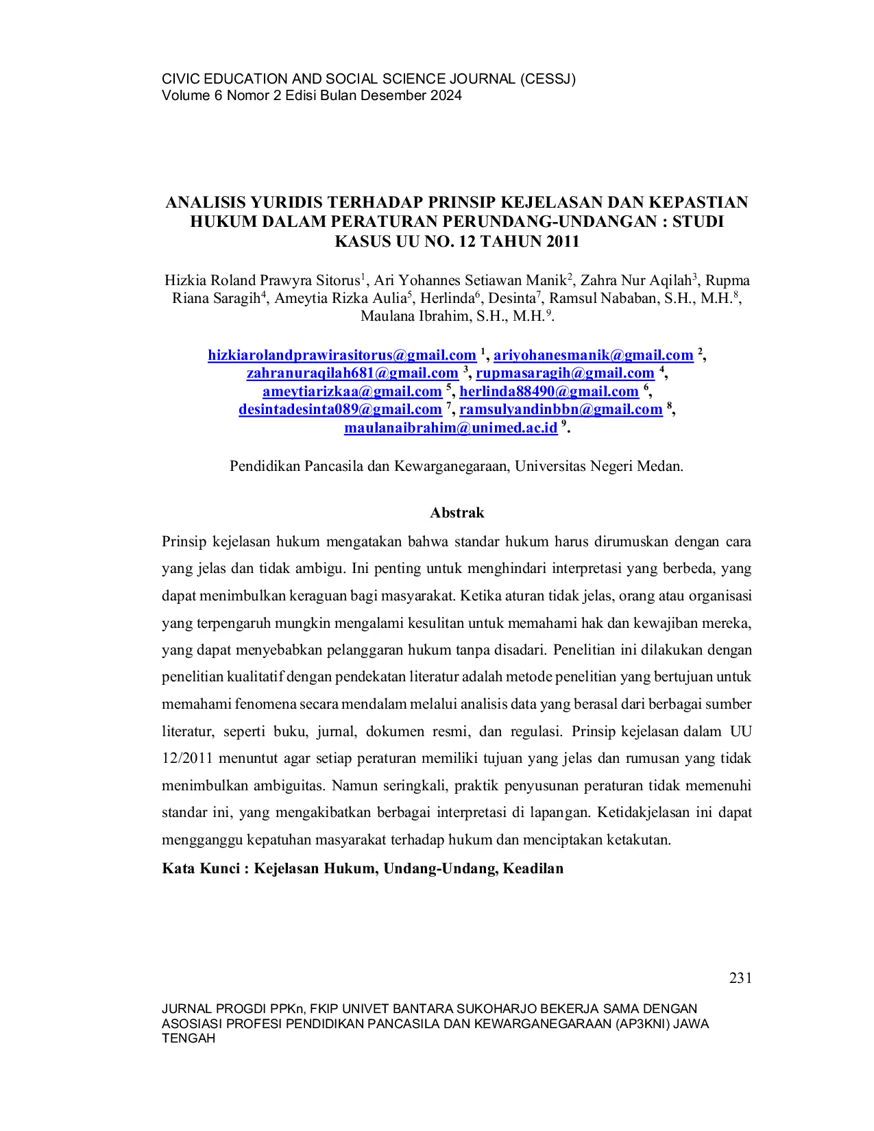 JURIS Analisis Yuridis terhadap Prinsip Kejelasan dan Kepastian Hukum dalam Peraturan Perundang Undangan Studi Kasus Uu No 12 Tahun 2011