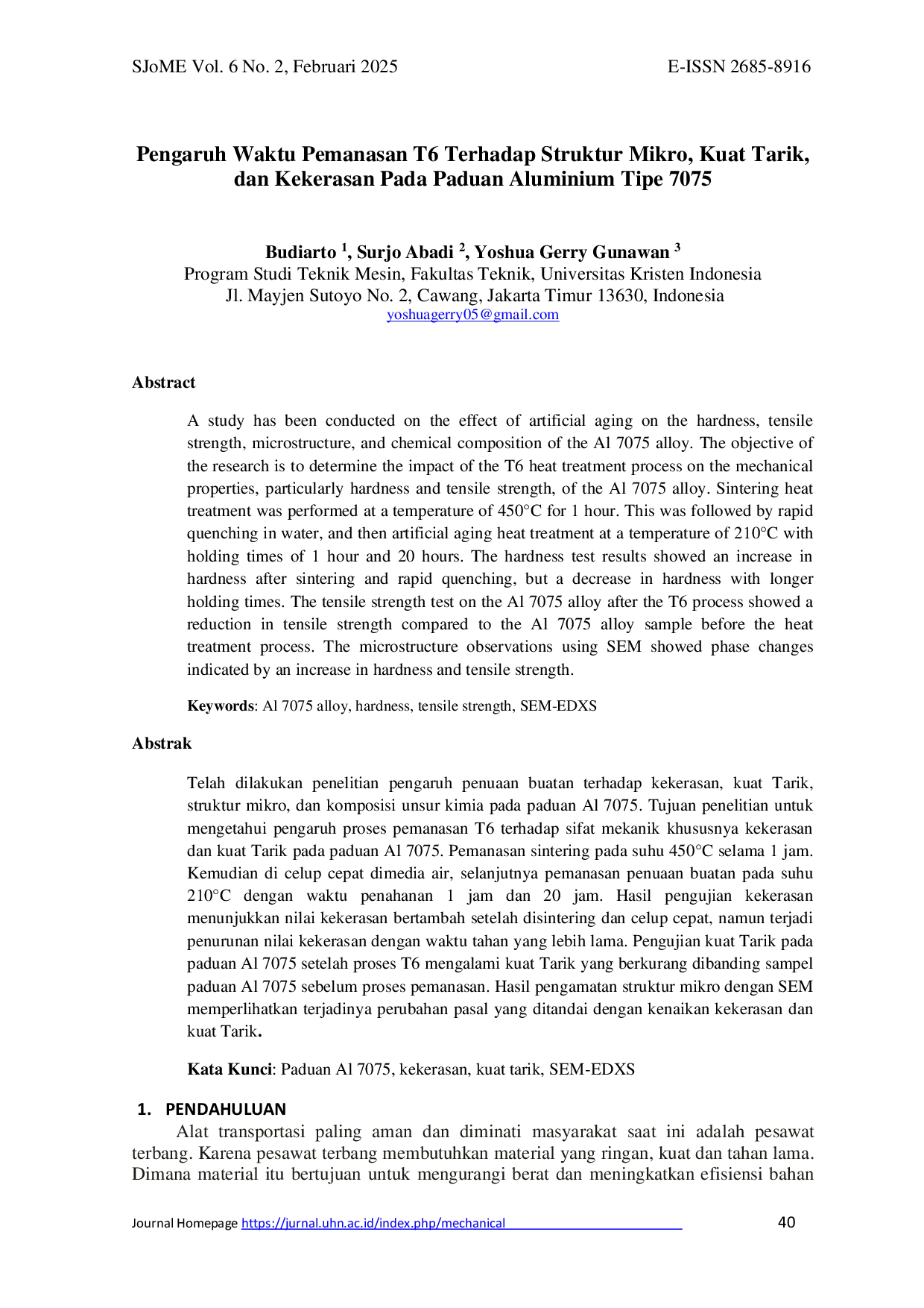 JURIS Pengaruh Waktu Pemanasan T6 Terhadap Struktur Mikro Kuat Tarik dan Kekerasan Pada Paduan Aluminium Tipe 7075