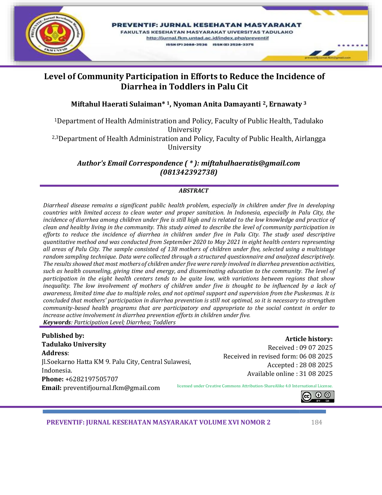 JURIS Level of Community Participation in Efforts to Reduce the Incidence of Diarrhea in Toddlers in Palu City