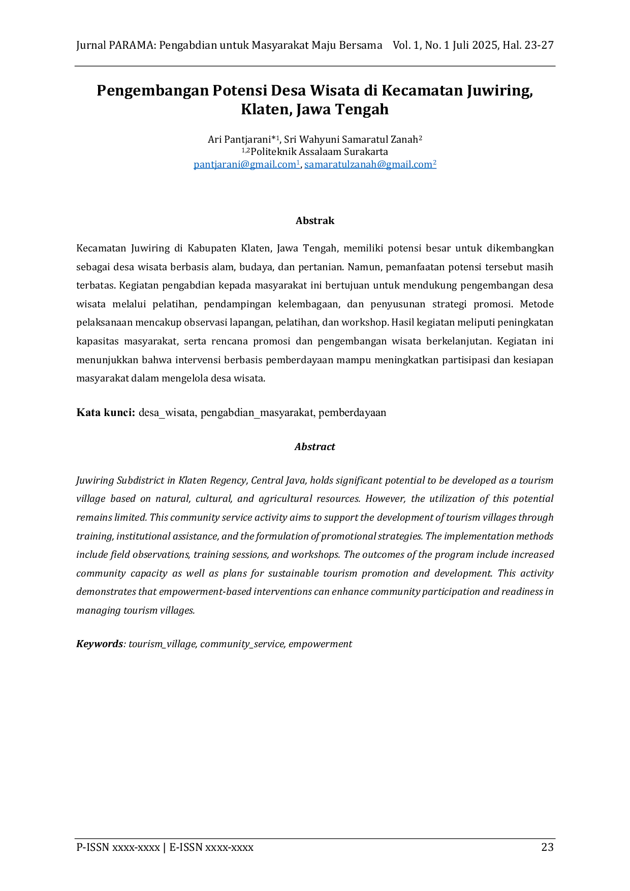 JURIS Pengembangan Potensi Desa Wisata di Kecamatan Juwiring Klaten Jawa Tengah