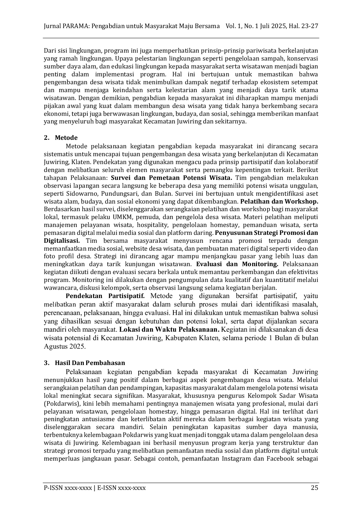 JURIS Pengembangan Potensi Desa Wisata di Kecamatan Juwiring Klaten Jawa Tengah