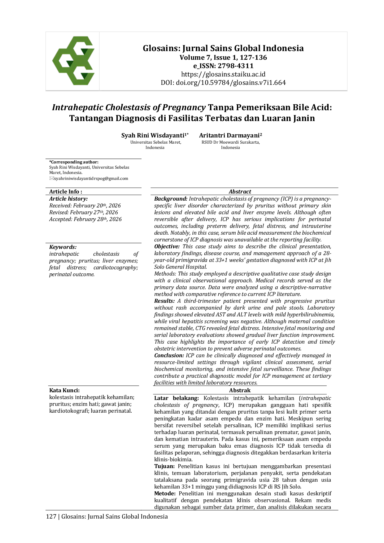 JURIS Suspek Intrahepatic Cholestasis of Pregnancy Tanpa Pemeriksaan Bile Acid Tantangan Diagnosis di Fasilitas Terbatas dan Luaran Janin