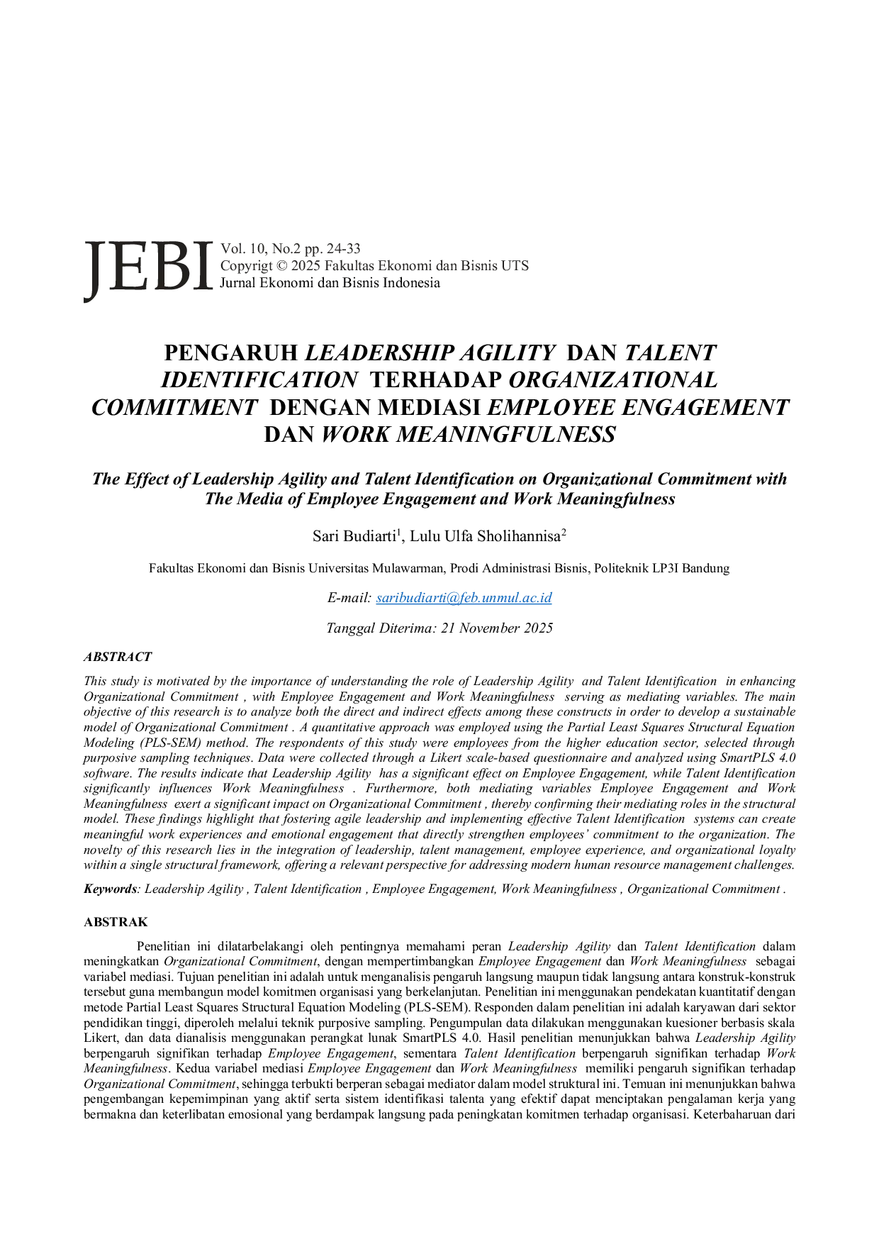 JURIS Pengaruh Digital Learning Capability dan Professional Development Support terhadap Kinerja Talenta Dosen dengan Self Efficacy sebagai Mediasi