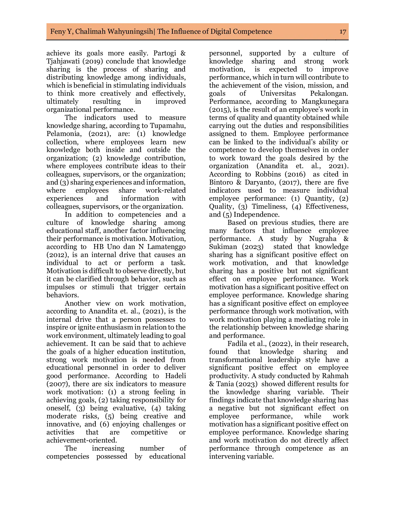 JURIS The Influence of Digital Competence and Knowledge Sharing on Educational Staff Performance with Motivation as an Intervening Variable