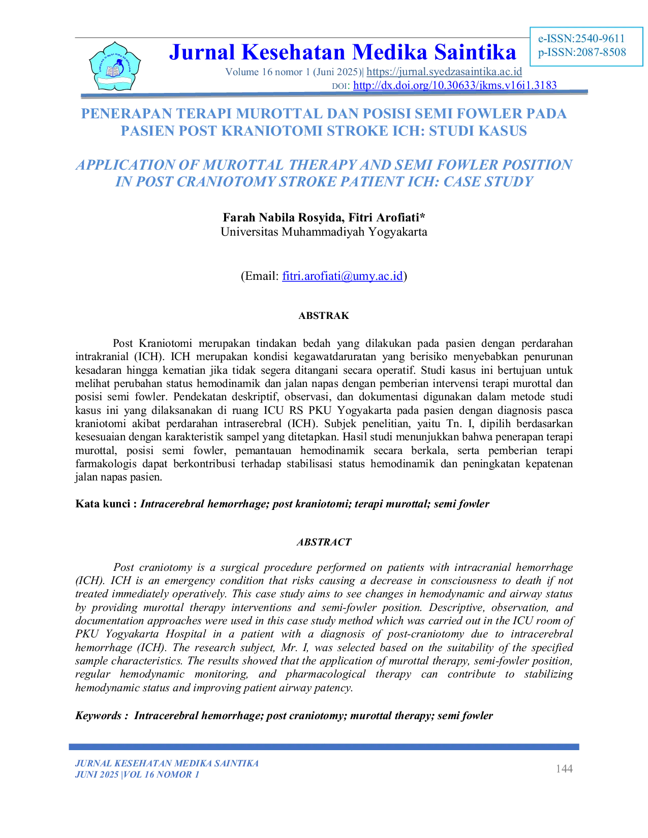JURIS Penerapan Terapi Murottal Dan Posisi Semi Fowler Pada Pasien Post Kraniotomi Stroke Ich Studi Kasus