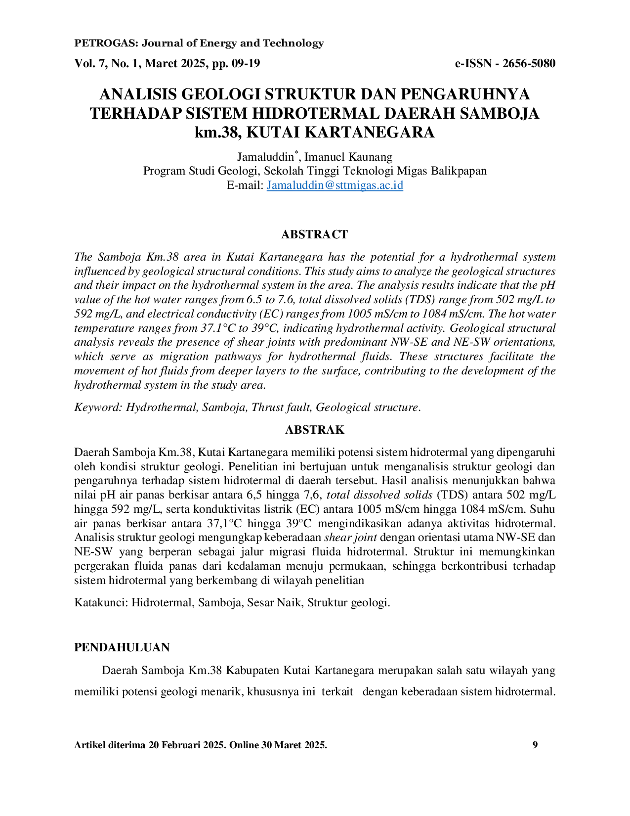 JURIS ANALISIS GEOLOGI STRUKTUR DAN PENGARUHNYA TERHADAP SISTEM HIDROTERMAL DAERAH SAMBOJA km 38 KUTAI KARTANEGARA