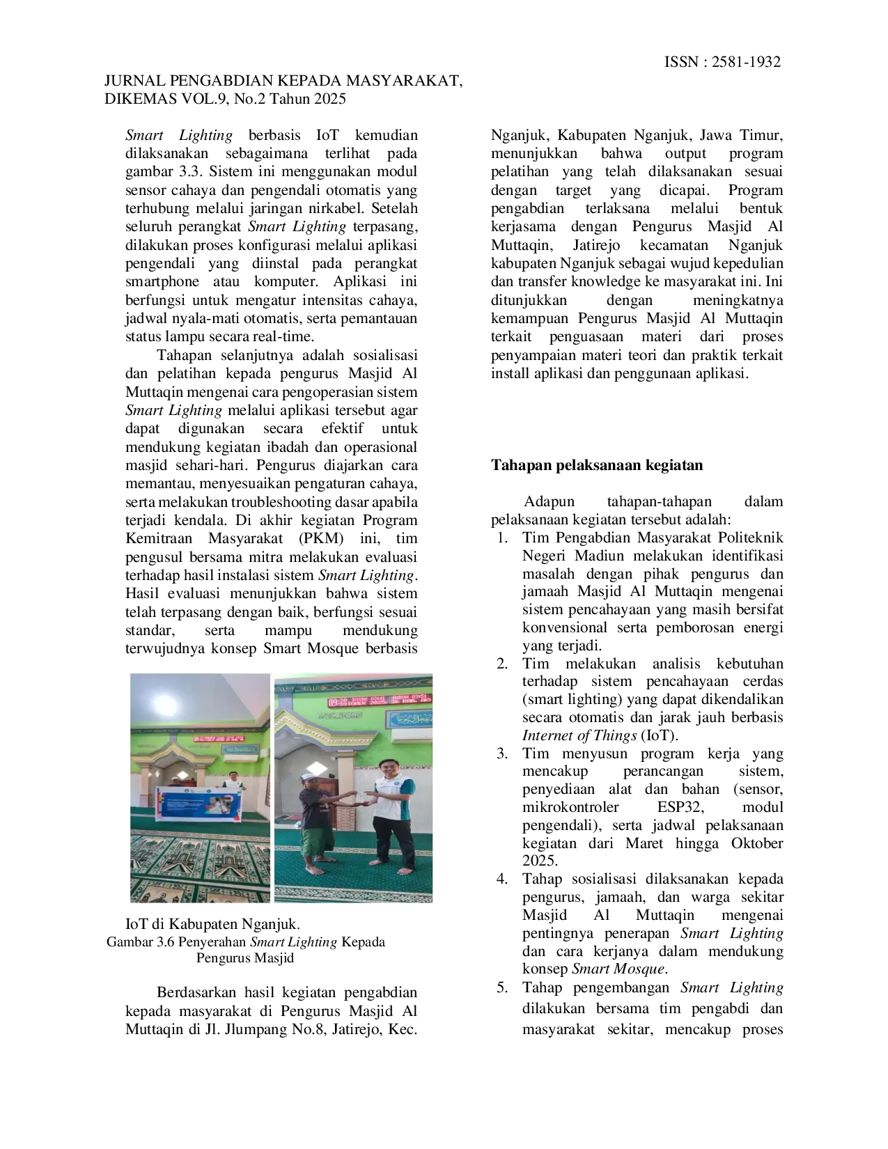 JURIS Instalasi Smart Lighting Untuk Mendukung Sistem Smart Mosque Berbasis IoT Pada Masjid Al Muttaqin Kabupaten Nganjuk