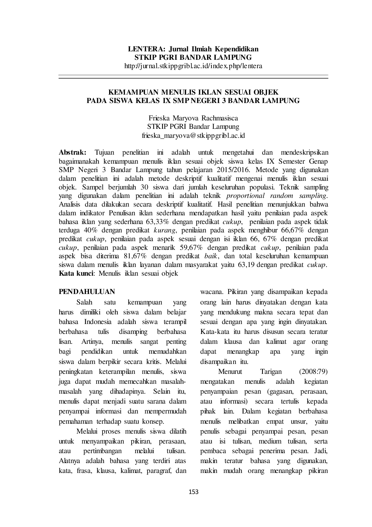 JURIS Kemampuan Menulis Iklan Sesuai Objek pada Siswa Kelas IX SMP Negeri 3 Bandar Lampung