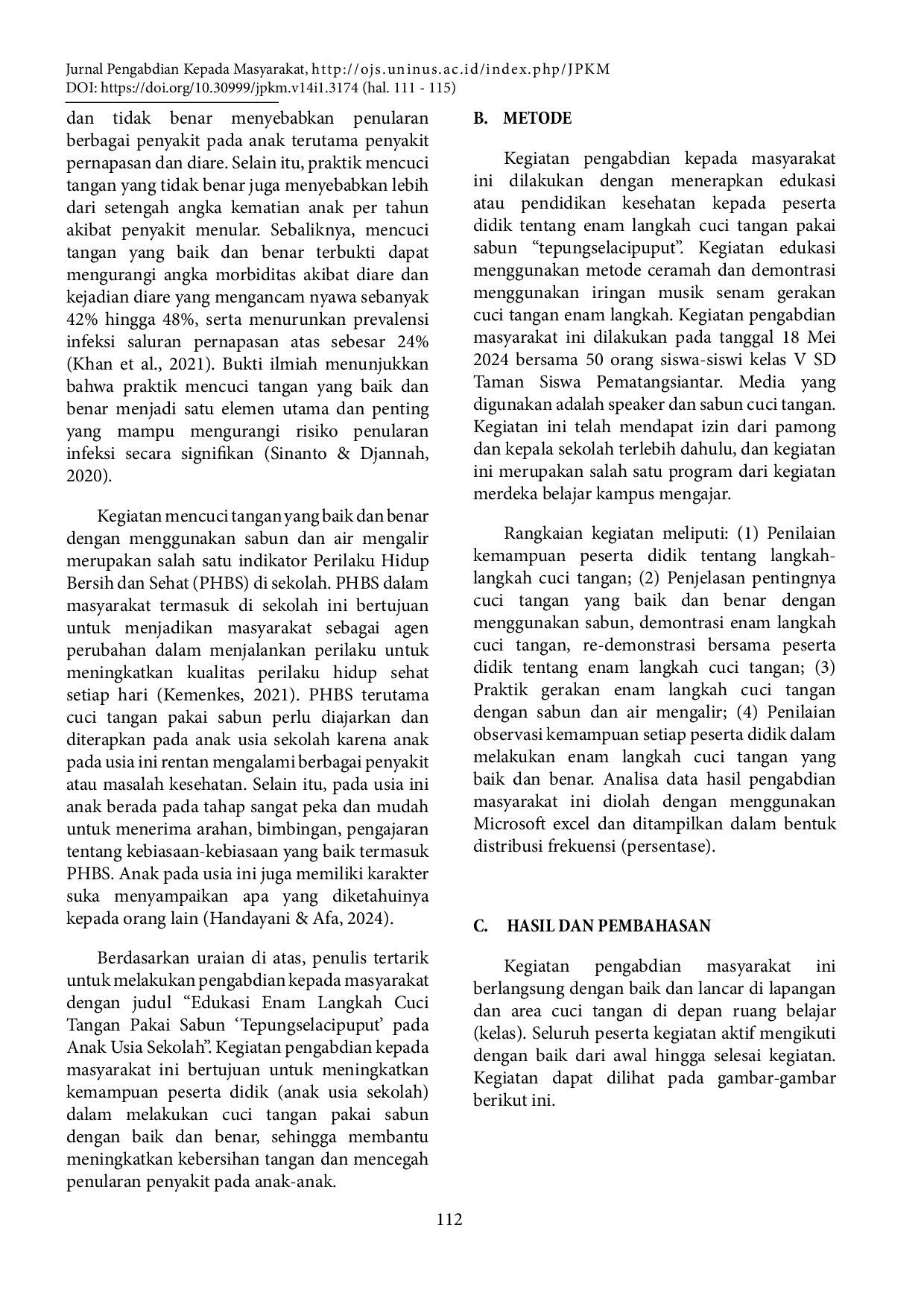 JURIS Edukasi Enam Langkah Cuci Tangan Pakai Sabun Tepungselacipuput Pada Anak Usia Sekolah