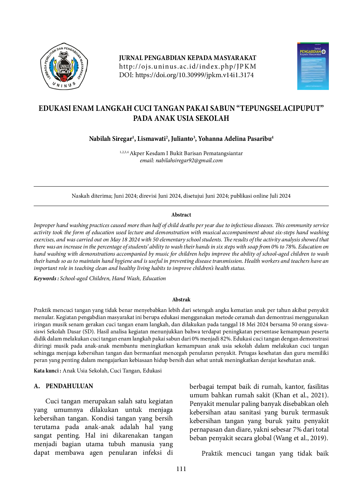 JURIS Edukasi Enam Langkah Cuci Tangan Pakai Sabun Tepungselacipuput Pada Anak Usia Sekolah