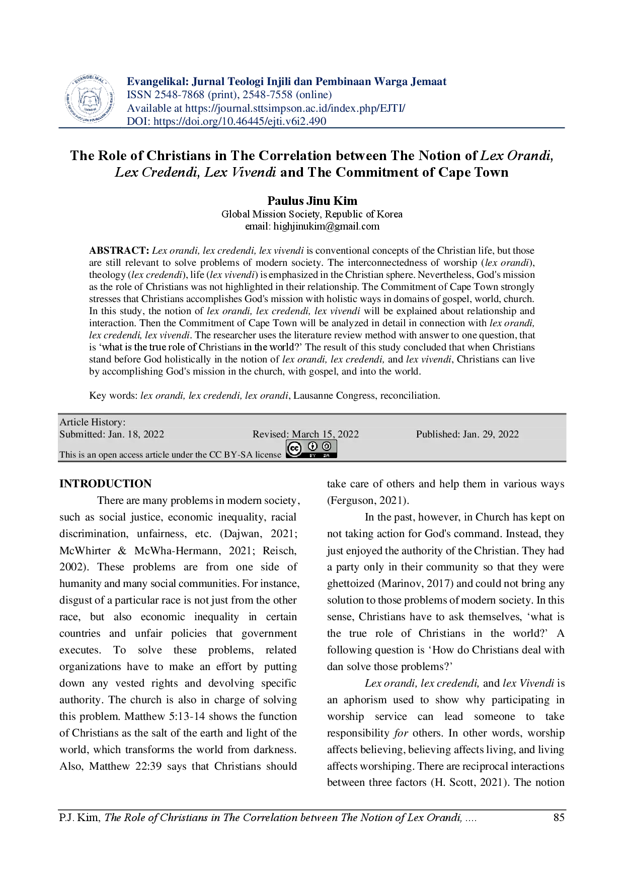 juris The Role of Christians in The Correlation between The Notion of Lex Orandi Lex Credendi Lex Vivendi and The Commitment of Cape Town