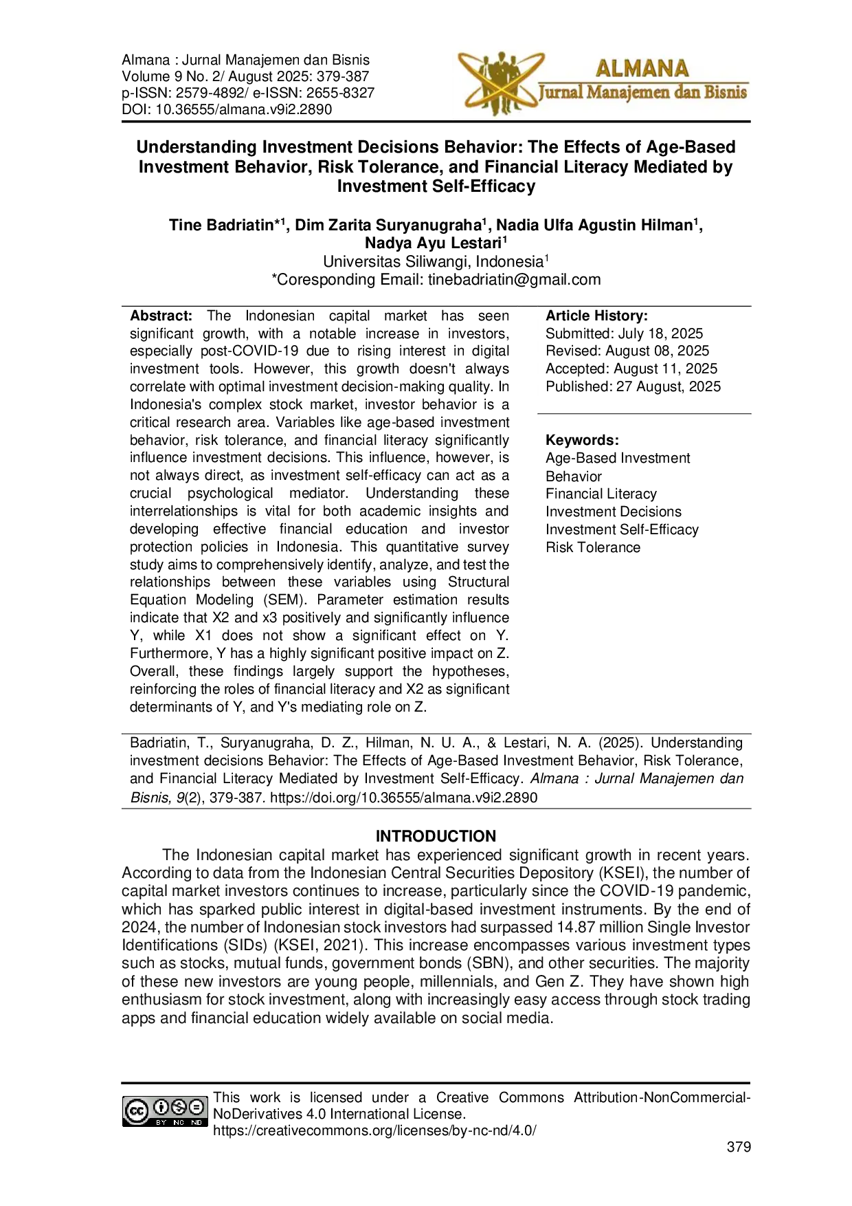 JURIS Understanding Investment Decisions Behavior The Effects of Age Based Investment Behavior Risk Tolerance and Financial Literacy Mediated by Investment Self Efficacy