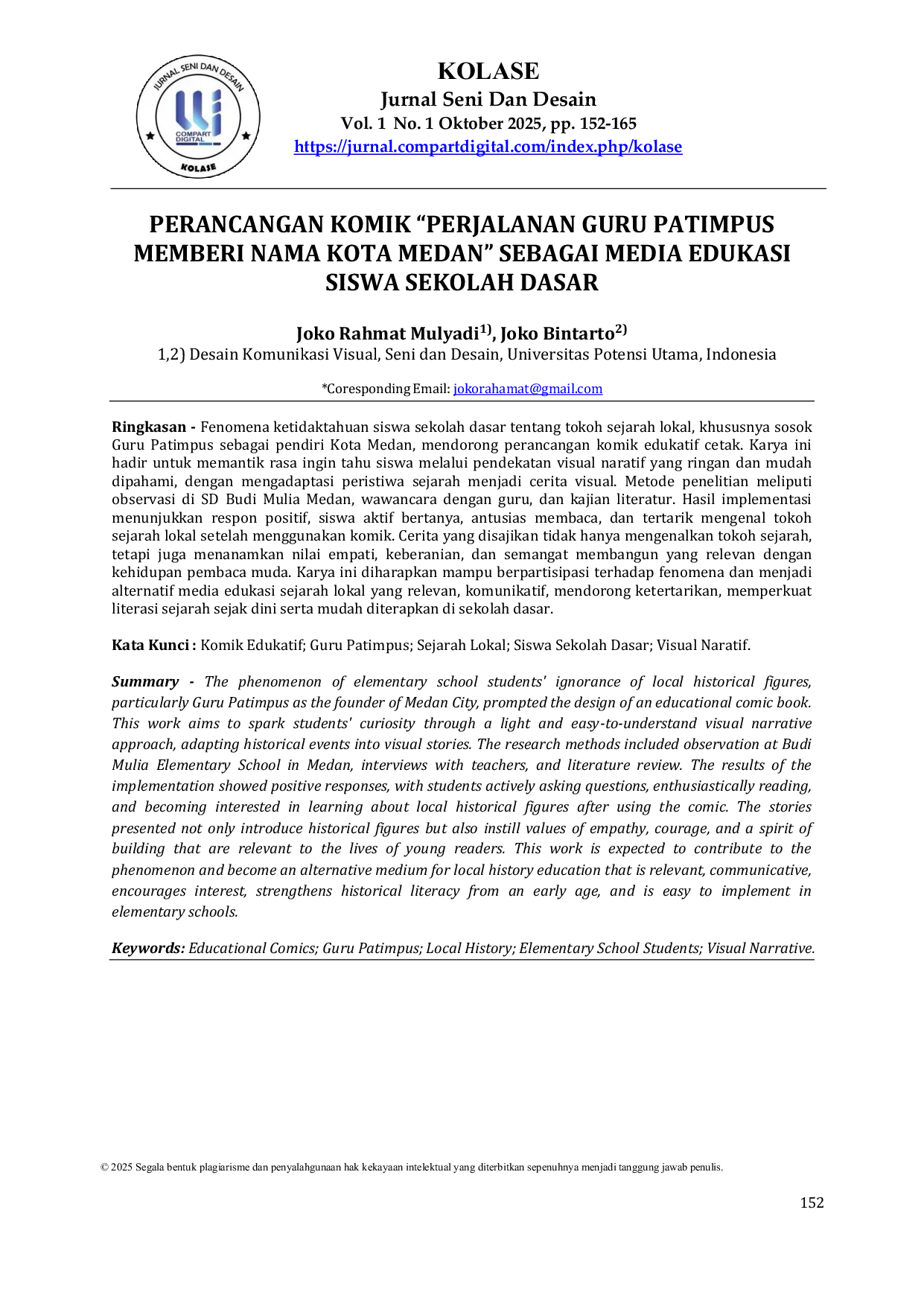 JURIS Perancangan Komik Perjalanan Guru Patimpus Memberi Nama Kota Medan Sebagai Media Edukasi Siswa Sekolah Dasar