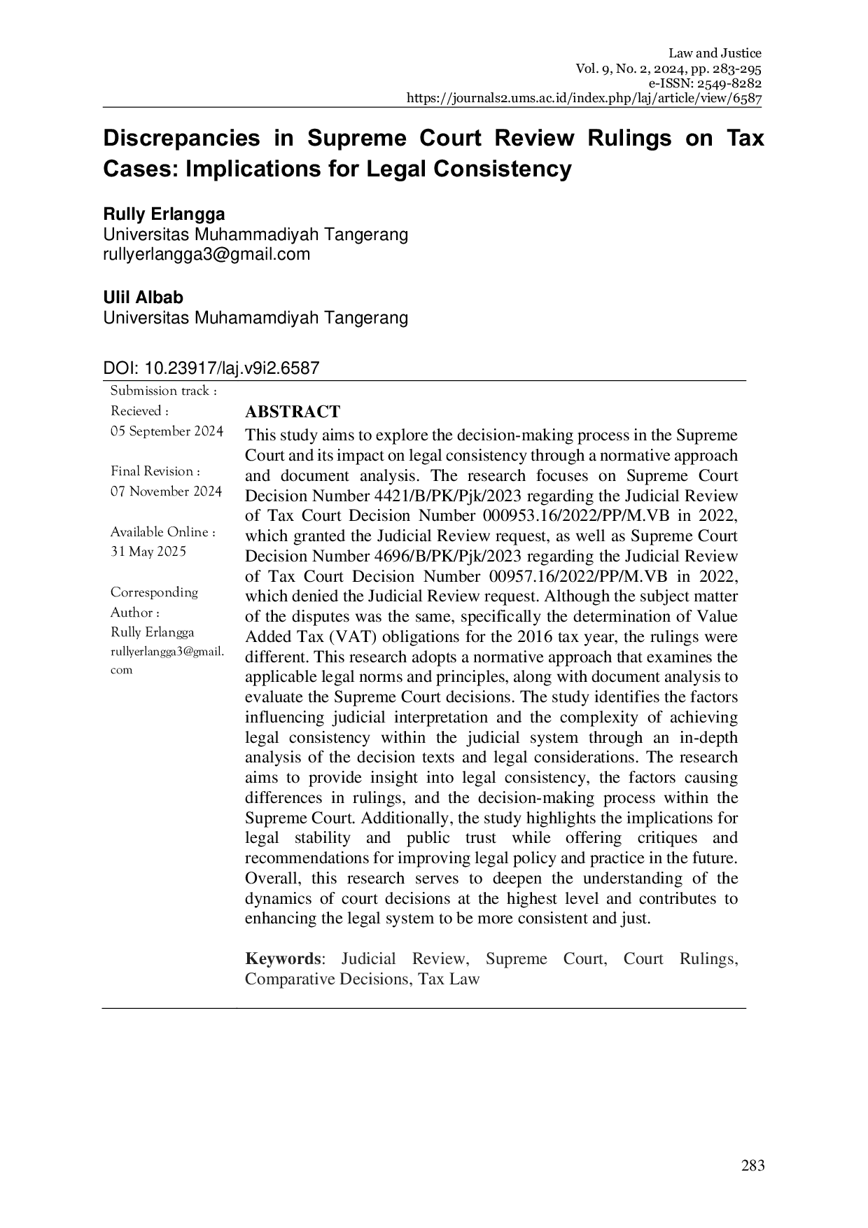 JURIS Analysis of the Differences in Supreme Court Rulings in Tax Case Review Implications for Legal Consistency Study of Supreme Court Decisions Number 4421 B PK PJK 2023 and Number 5201 B PK PJK 2023
