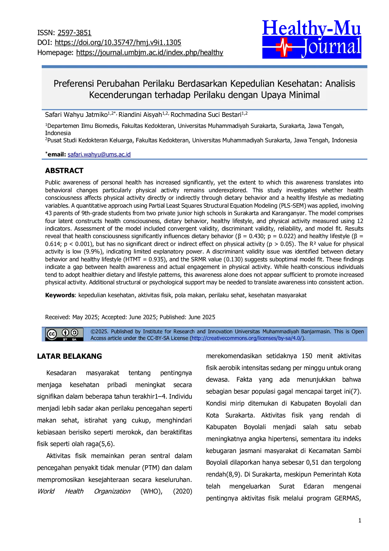 JURIS Preferensi Perubahan Perilaku Berdasarkan Kepedulian Kesehatan Analisis Kecenderungan terhadap Perilaku dengan Upaya Minimal