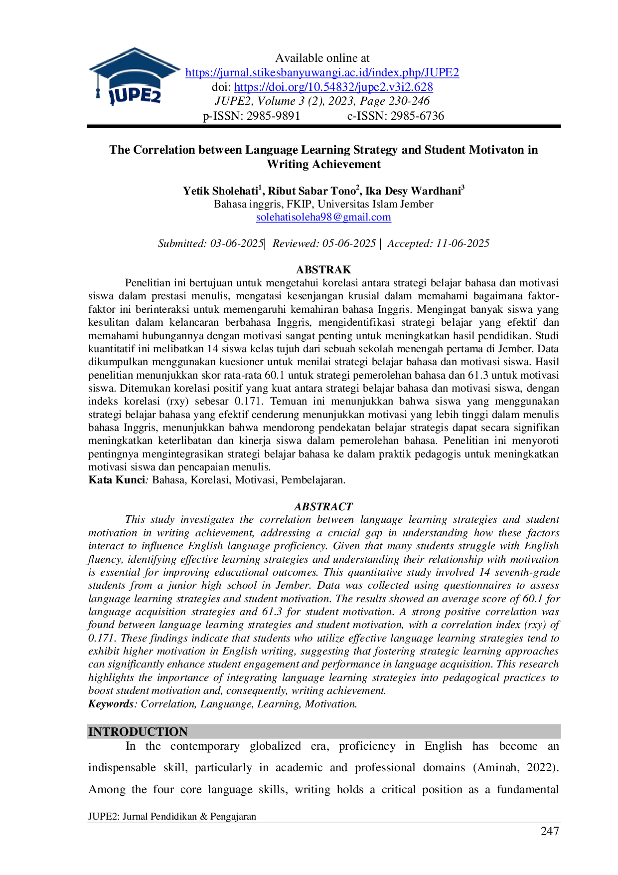 JURIS The Correlation between Language Learning Strategy and Student Motivaton in Writing Achievement