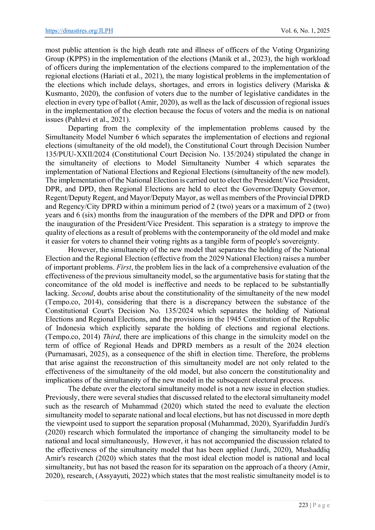 JURIS Reconstruction of the Election Simultaneity Model through the Constitutional Court Decision Number 135 PUU XXII 2024 Constitutional or Unconstitutional