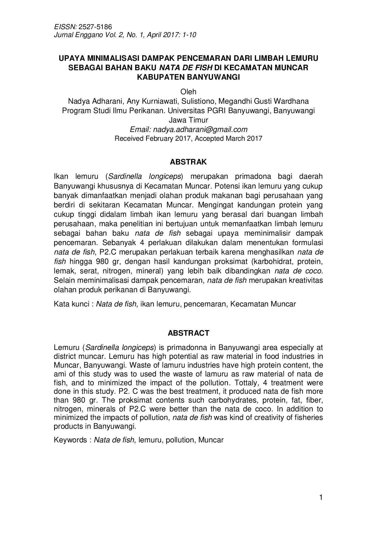 JURIS Upaya Minimalisasi Dampak Pencemaran Dari Limbah Lemuru Sebagai Bahan Baku Nata De Fish Di Kecamatan Muncar Kabupaten Banyuwangi