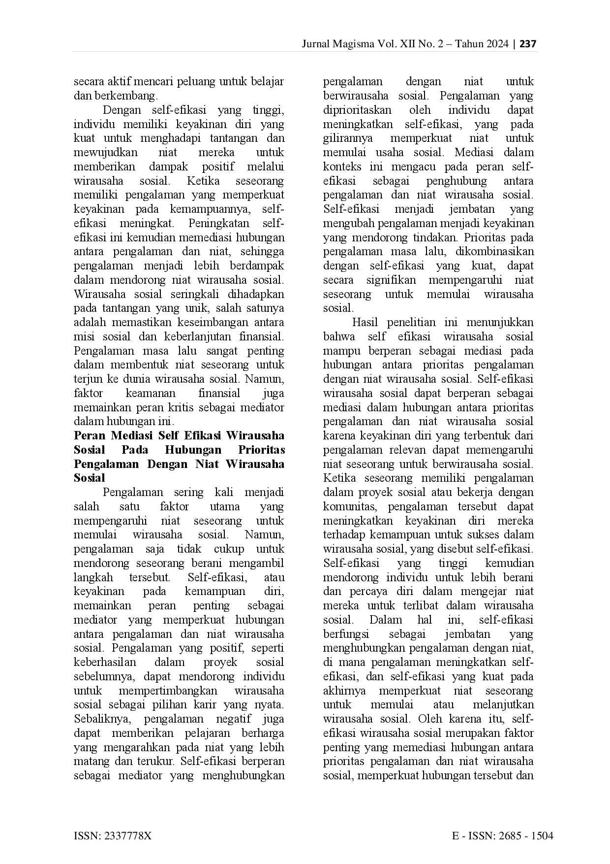 juris Niat Wirausaha Sosial Peran Prioritas Pengalaman Self Efikasi Wirausaha Sosial dan Keamanan Finansial