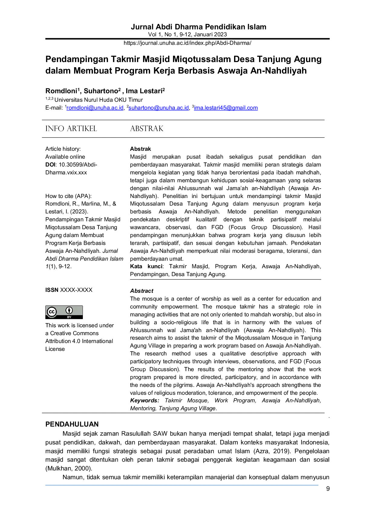 JURIS Assisting the Takmir of Miqotussalam Mosque in Tanjung Agung Village in Developing a Work Program Based on Aswaja An Nahdliyah Principles