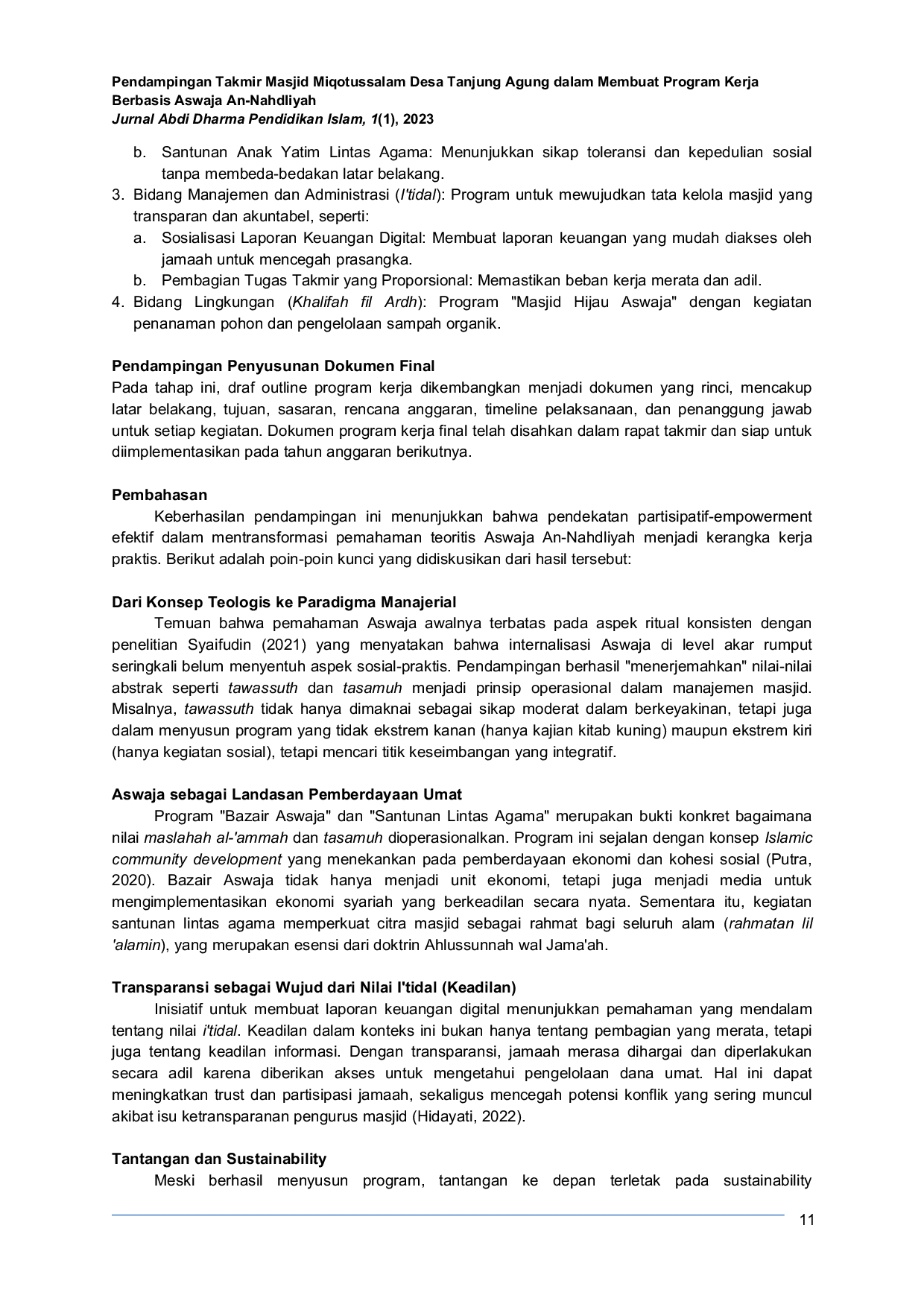 JURIS Assisting the Takmir of Miqotussalam Mosque in Tanjung Agung Village in Developing a Work Program Based on Aswaja An Nahdliyah Principles