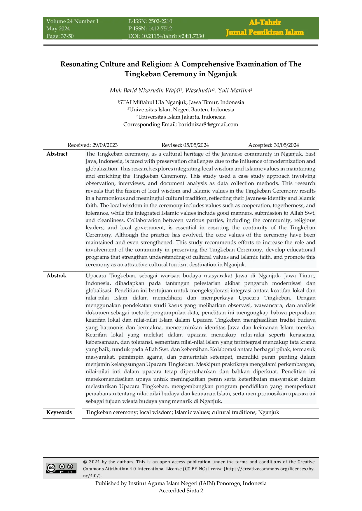 JURIS Resonating Culture and Religion A Comprehensive Examination of The Tingkeban Ceremony in Nganjuk