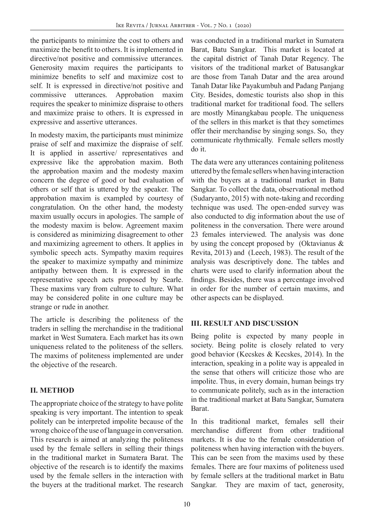 JURIS Maxims of Politeness Performed by Female Sellers at Traditional Market in Sumatera Barat