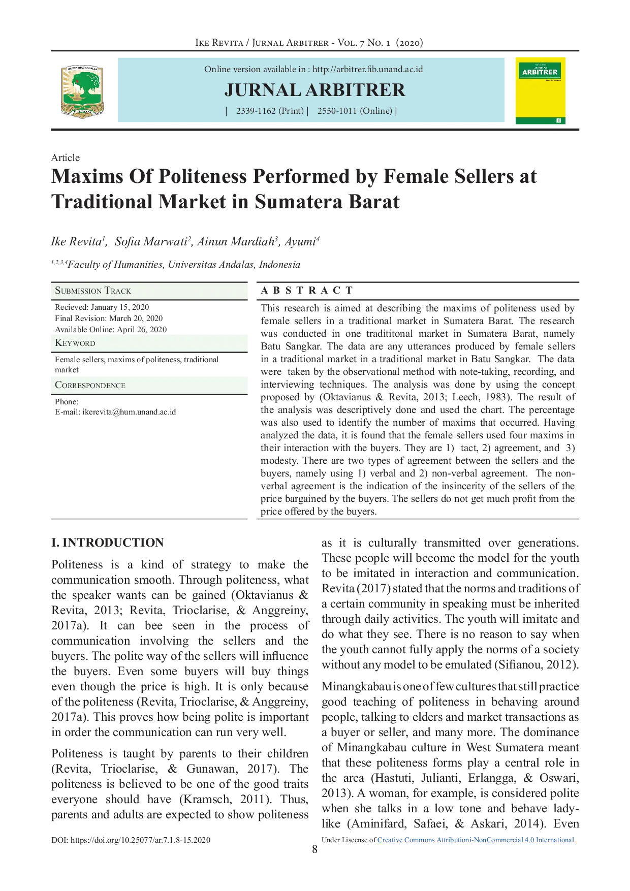 JURIS Maxims of Politeness Performed by Female Sellers at Traditional Market in Sumatera Barat