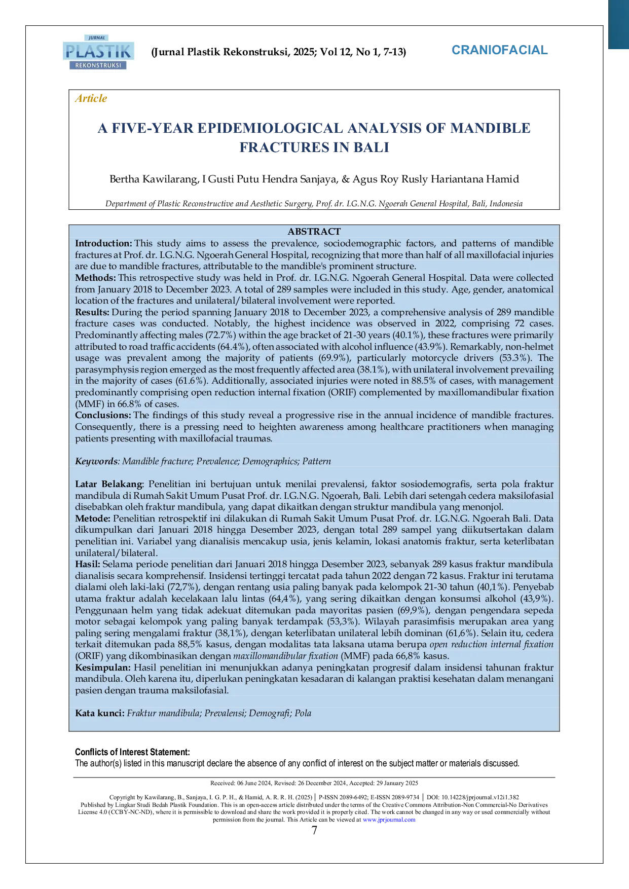 JURIS A Five Year Epidemiological Analysis of Mandible Fractures in Bali