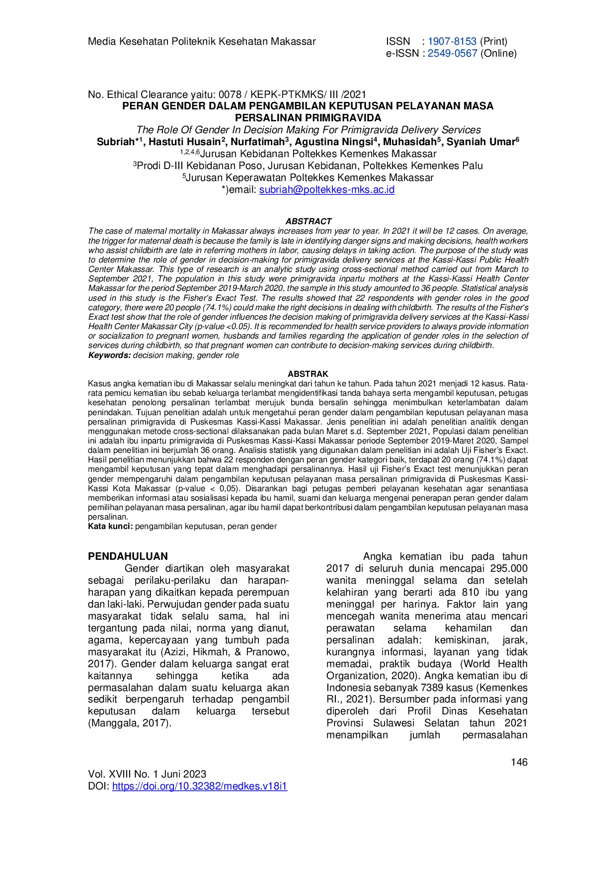JURIS Peran Gender Dalam Pengambilan Keputusan Pelayanan Masa Persalinan Primigravida