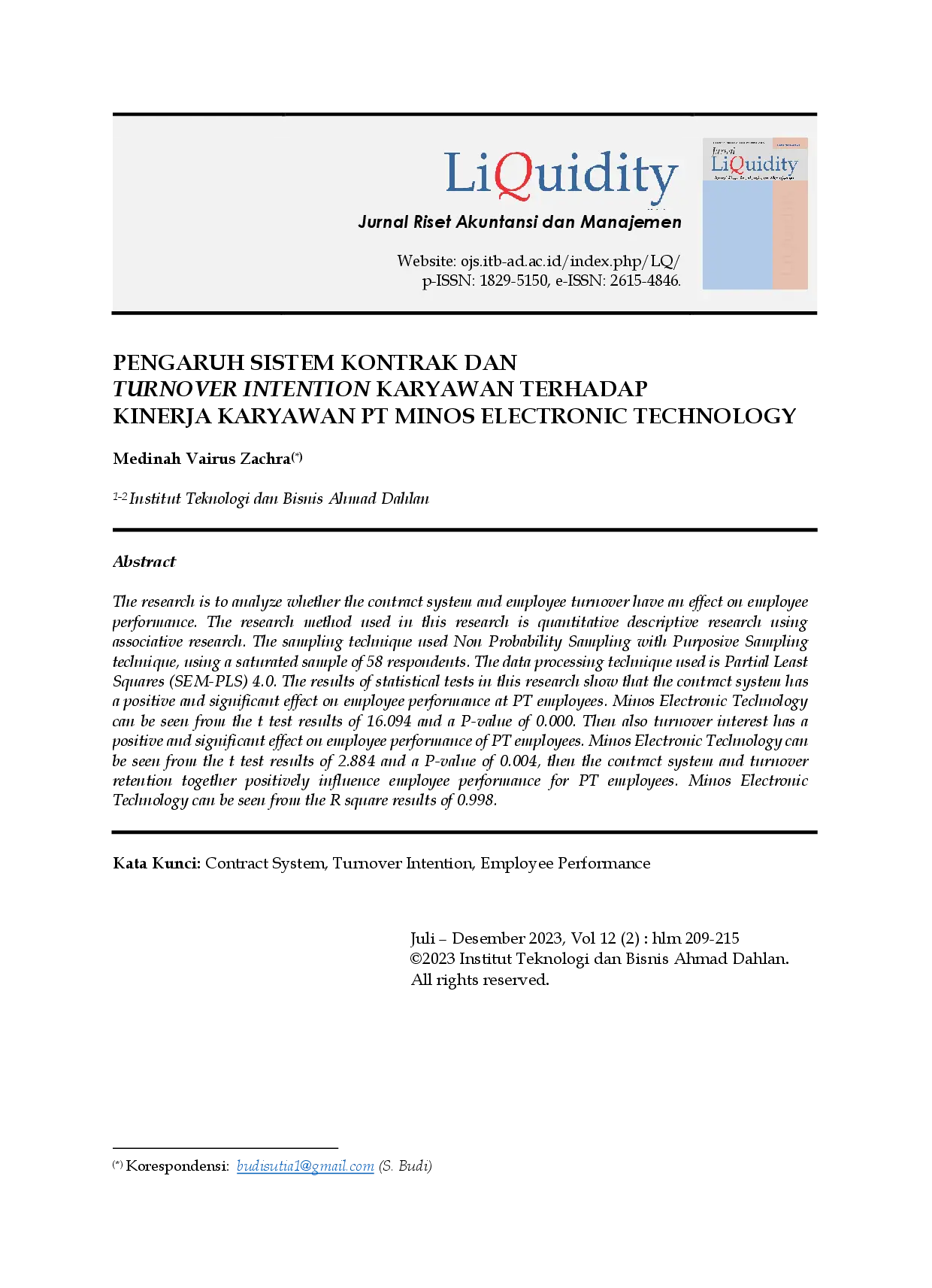 juris Pengaruh Sistem Kontrak dan Turnover Intention Karyawan Terhadap Kinerja Karyawan PT Minos Electronic Technology