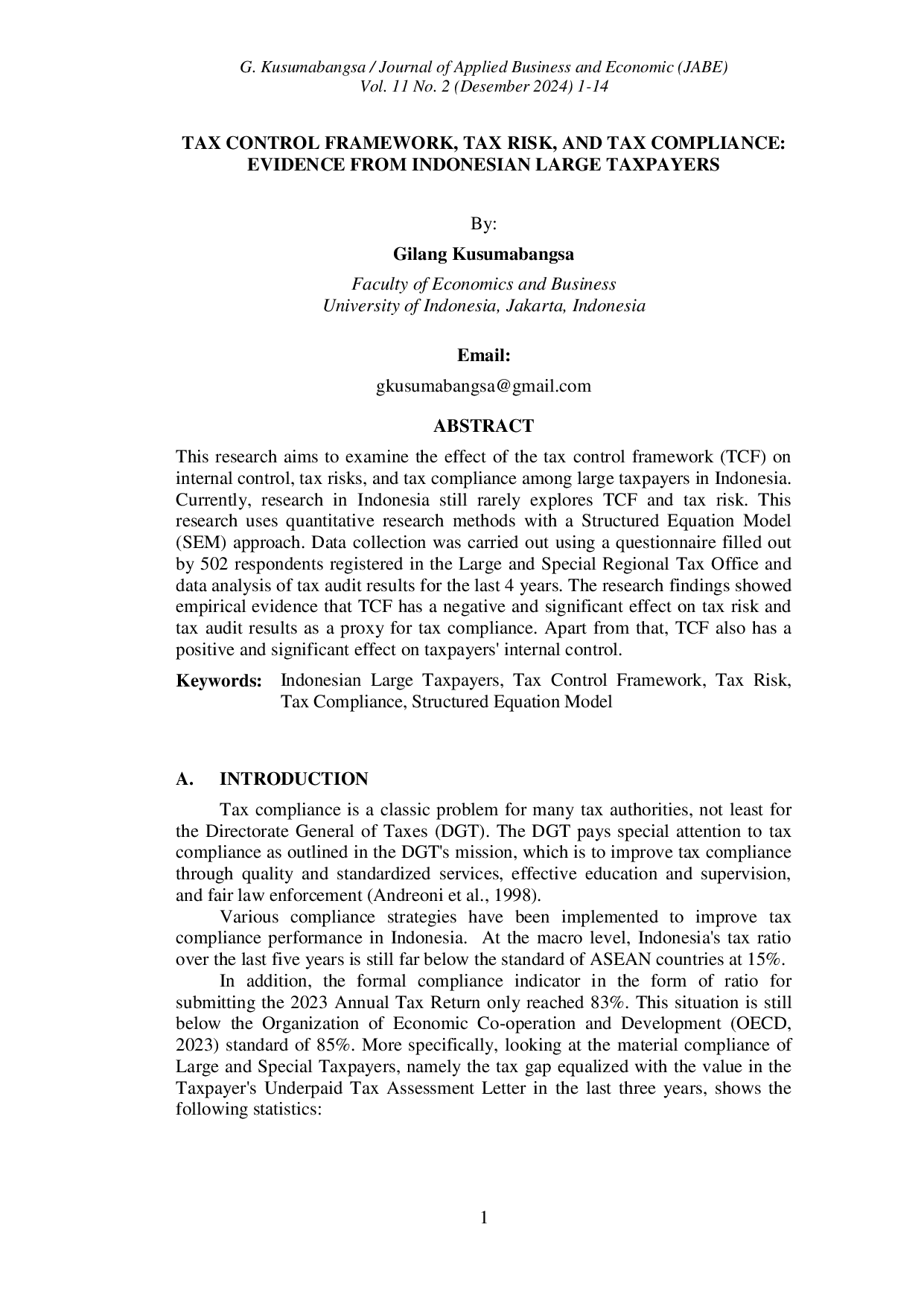 JURIS Tax Control Framework Tax Risk and Tax Compliance Evidence from Indonesian Large Taxpayers