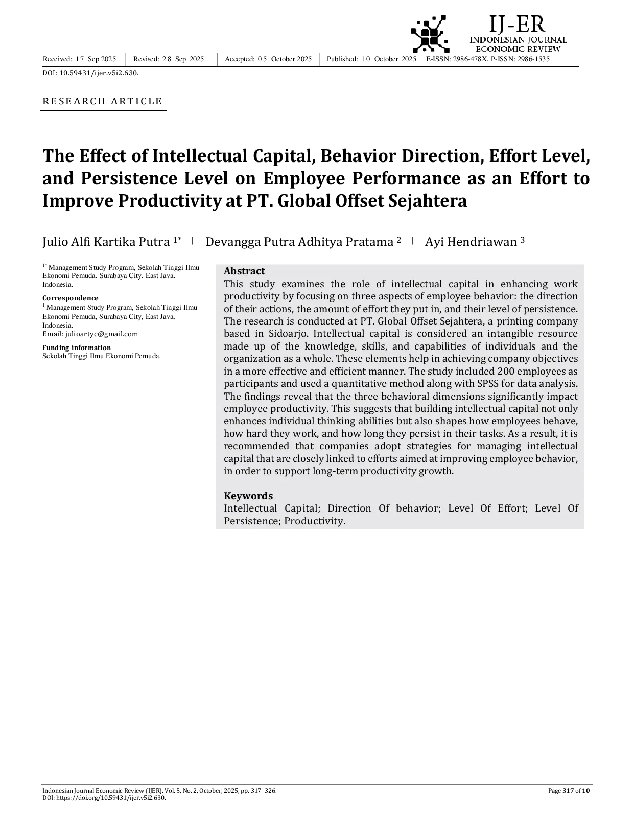 JURIS The Effect of Intellectual Capital Behavior Direction Effort Level and Persistence Level on Employee Performance as an Effort to Improve Productivity at PT Global Offset Sejahtera